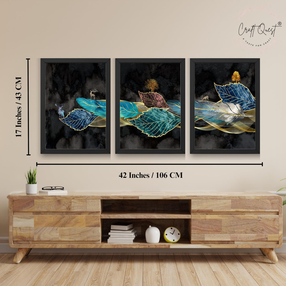 CRAFT QUEST Modern Art Blue,Turquoise & Red Leaves Wall Art | Set of 3 Frames for Home Decoration | Ideal for Living Room, Bedroom & Offices