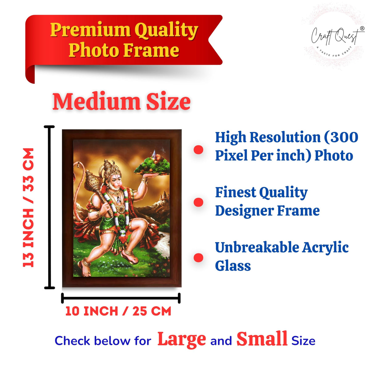 CRAFT QUEST Lord Bajrang Bali Hanuman Ji Photo Frame | Acrylic Glass, Lightweight & Waterproof | Ideal for Home, Office, Temple & Puja Room Wall Decor