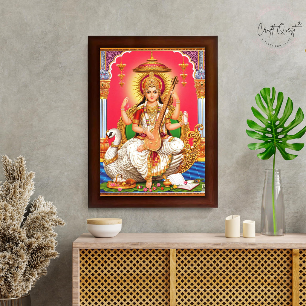 CRAFT QUEST Saraswati Devi Goddess Saraswathi Maa Wall Painting Sparkle Coated Framed Home Décor Synthetic wooden Framed