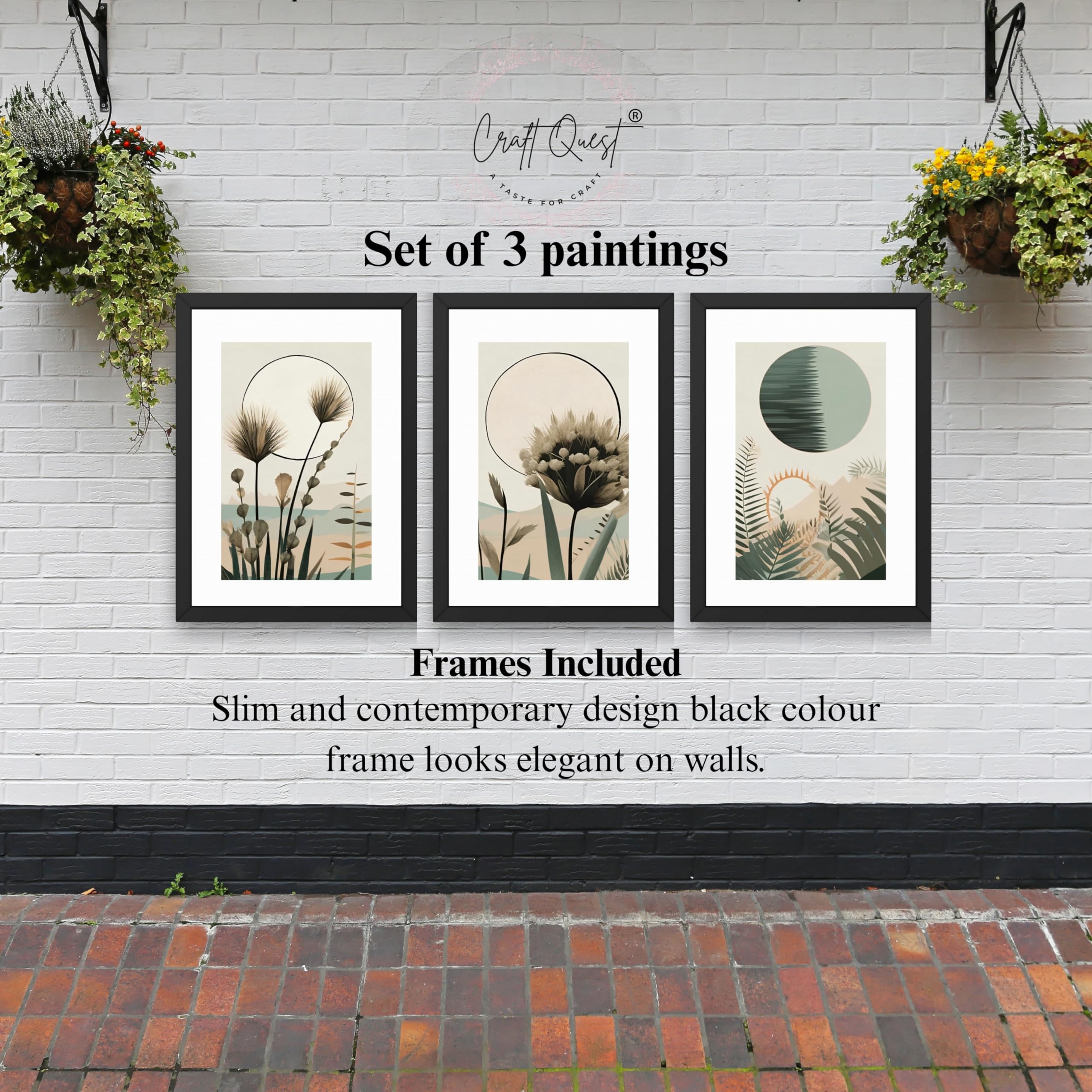 CRAFT QUEST Boho Abstract Flowers & Leaves | Set of 3 Frames for Home Decoration | Ideal for Living Room, Bedroom & Offices