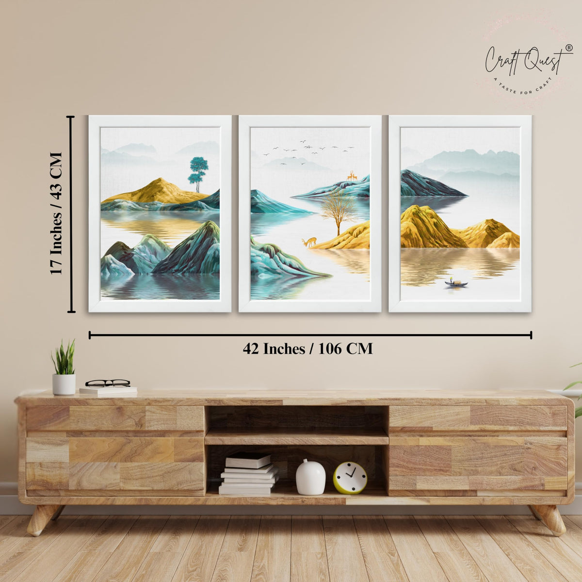 CRAFT QUEST Modern Art Abstract Geometric Gold Lines Wall Art | Set of 3 Frames for Home Decoration | Ideal for Living Room, Bedroom & Offices