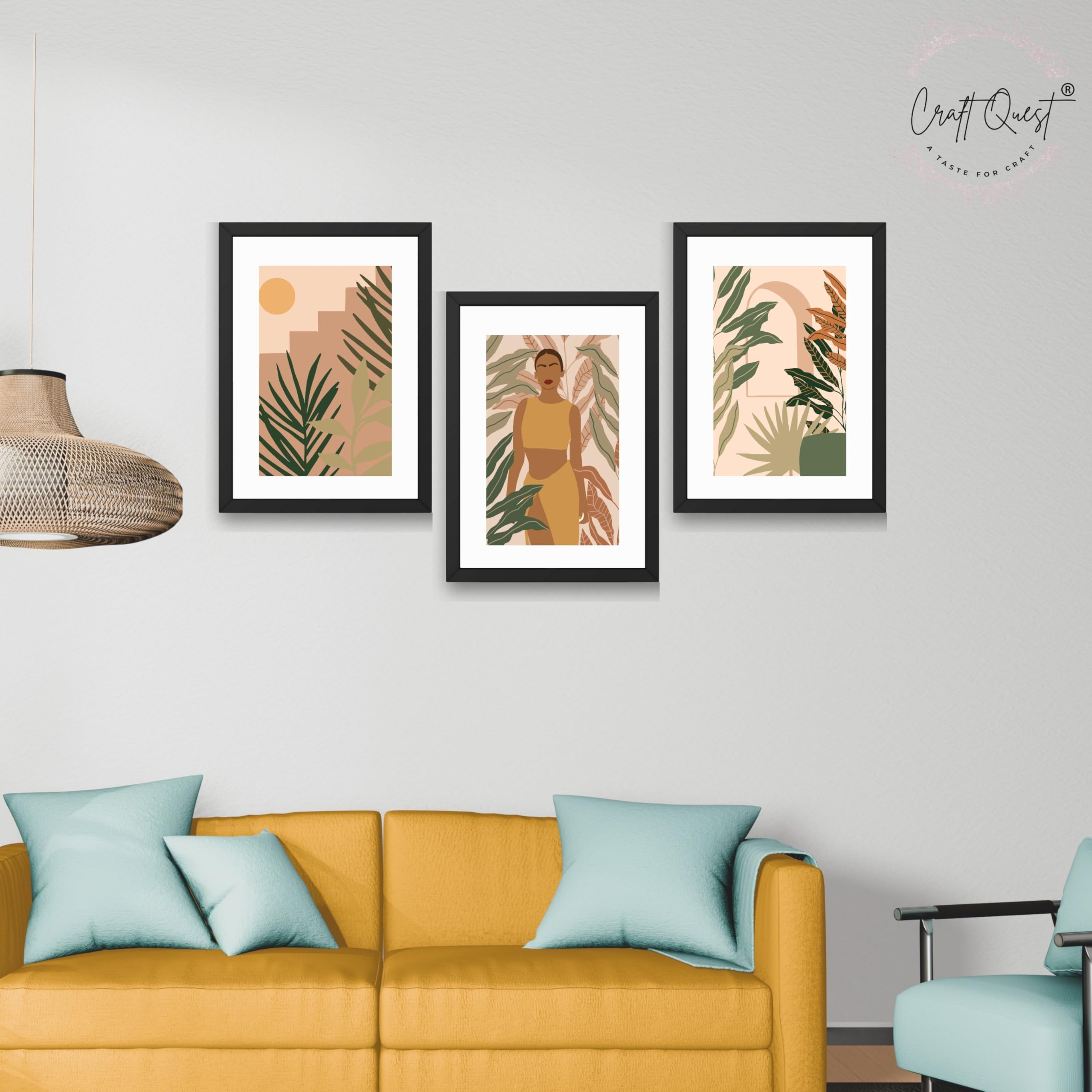 CRAFT QUEST Beautiful Abstract Of American Woman & Tropical Leaves Wall Art | Set of 3 Frames for Home Decoration | Ideal for Living Room, Bedroom & Offices