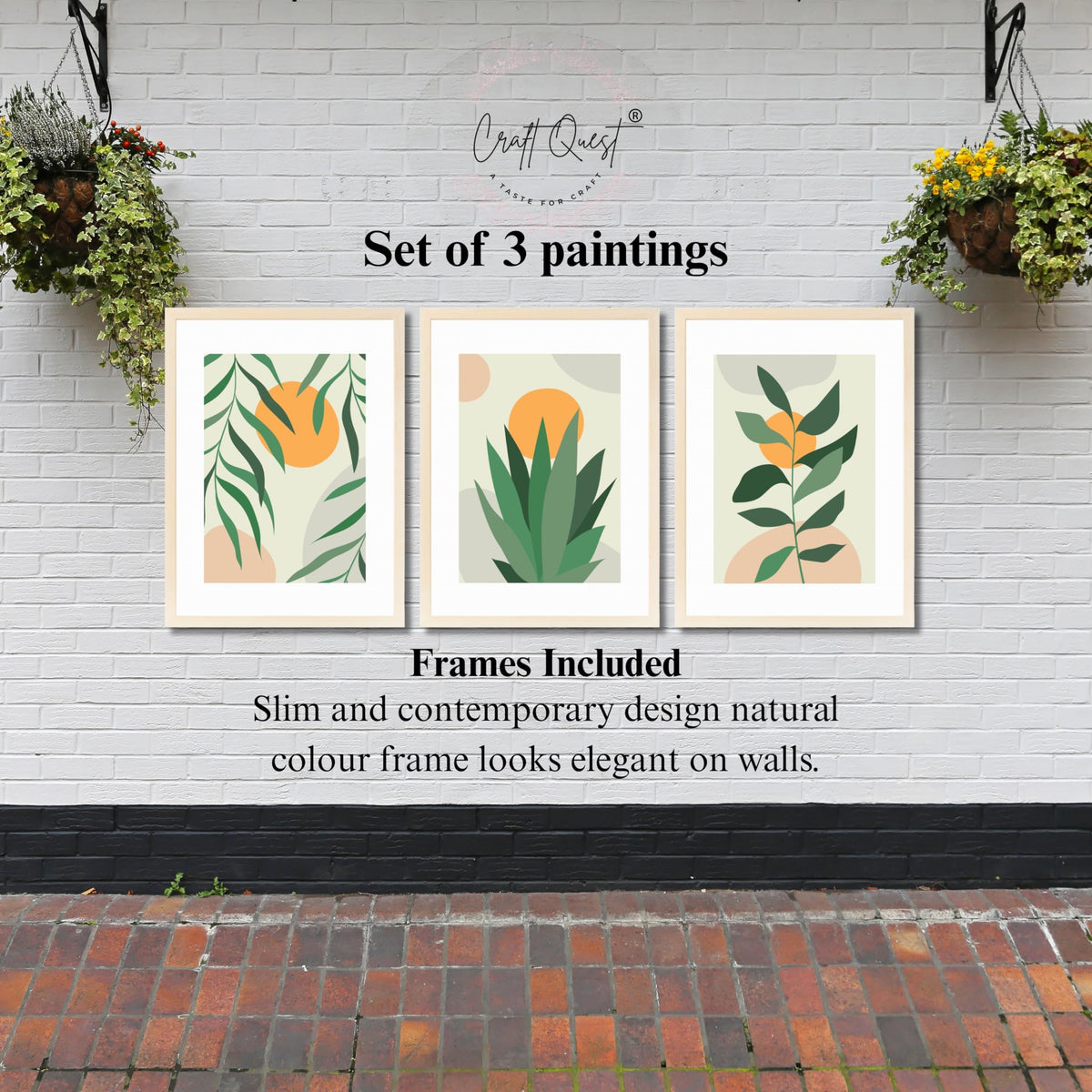 CRAFT QUEST Nature Inspired Botanical Abstract Wall Art | Set of 3 Frames for Home Decoration | Ideal for Living Room, Bedroom & Office