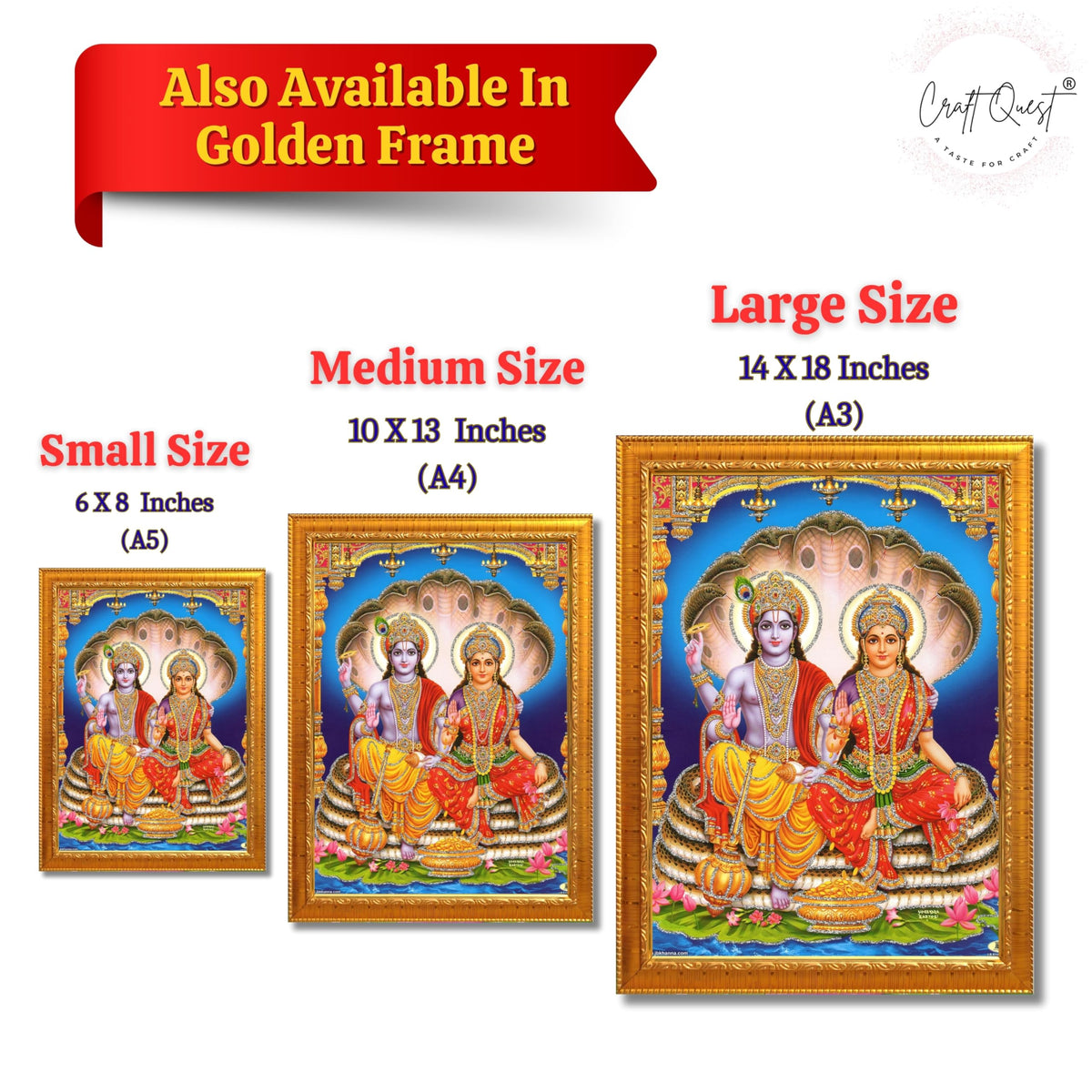 CRAFT QUEST Lord Vishnu and Goddess Lakshmi Giving Blessing on Shesh naag Glitter Painting with Golden Synthetic Frame