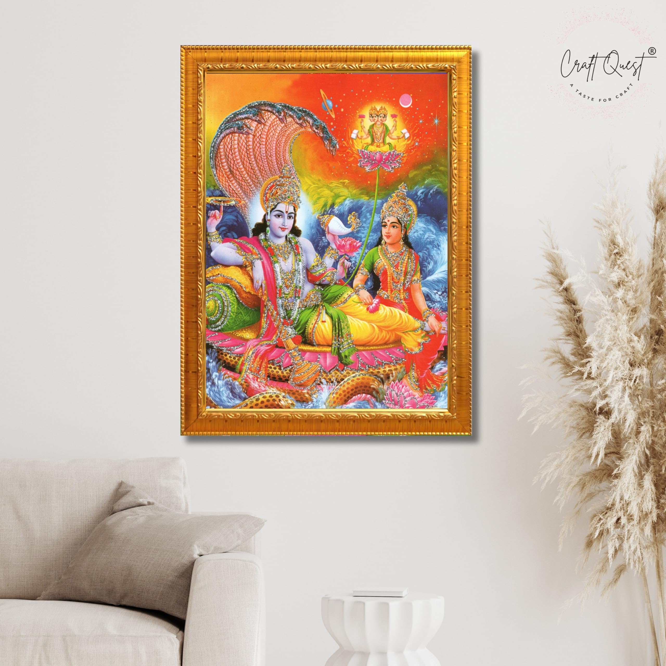 CRAFT QUEST Lord Vishnu Dev Lakshmi Devi Laxmi Narayan Ji Wall Painting Framed Home Décor