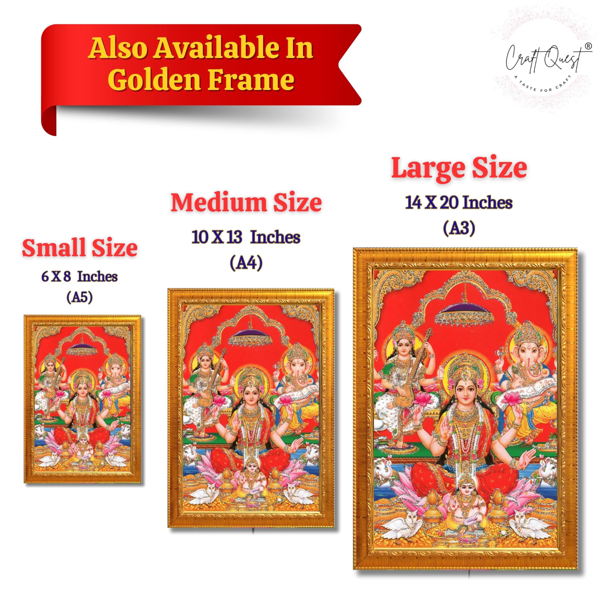 CRAFT QUEST Lord Laxmi Ganesh Saraswati Religious God Hindu Photo Frame for Diwali,Wall, Office, Temple, Pooja, Living Room Home and Decor Item