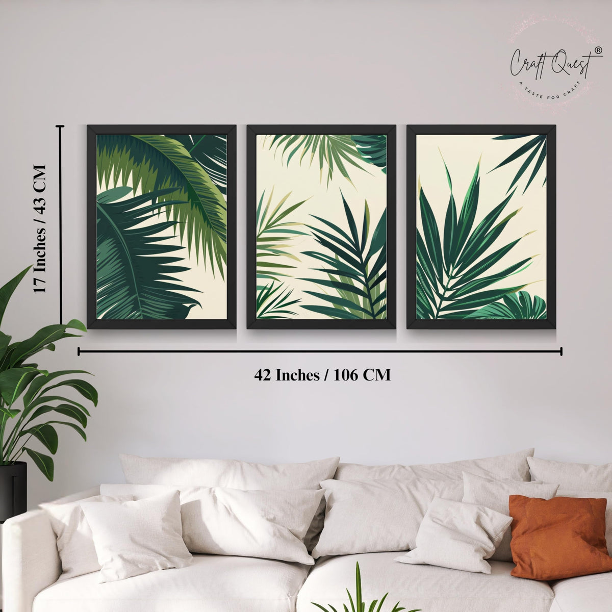 CRAFT QUEST Nature Inspired Tropical Palm Leaves Modern Wall Art | Set of 3 Frames for Home Decoration | Ideal for Living Room, Bedroom & Offices