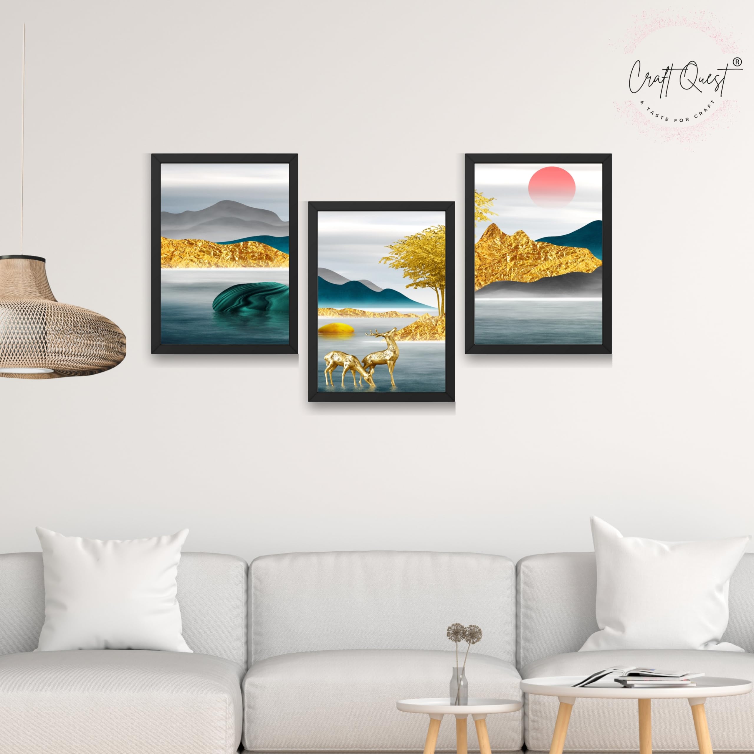 CRAFT QUEST Modern Art Landscapes Sanlian Abstract Wall Art | Set of 3 Frames for Home Decoration | Ideal for Living Room, Bedroom & Offices
