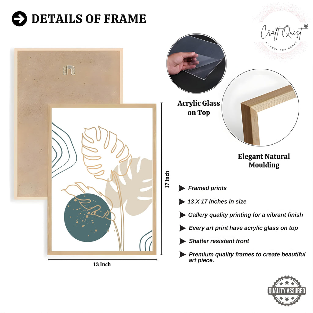 CRAFT QUEST Boho Leaf Artwork | Set of 3 Frames for Home Decoration | Ideal for Living Room, Bedroom & Offices