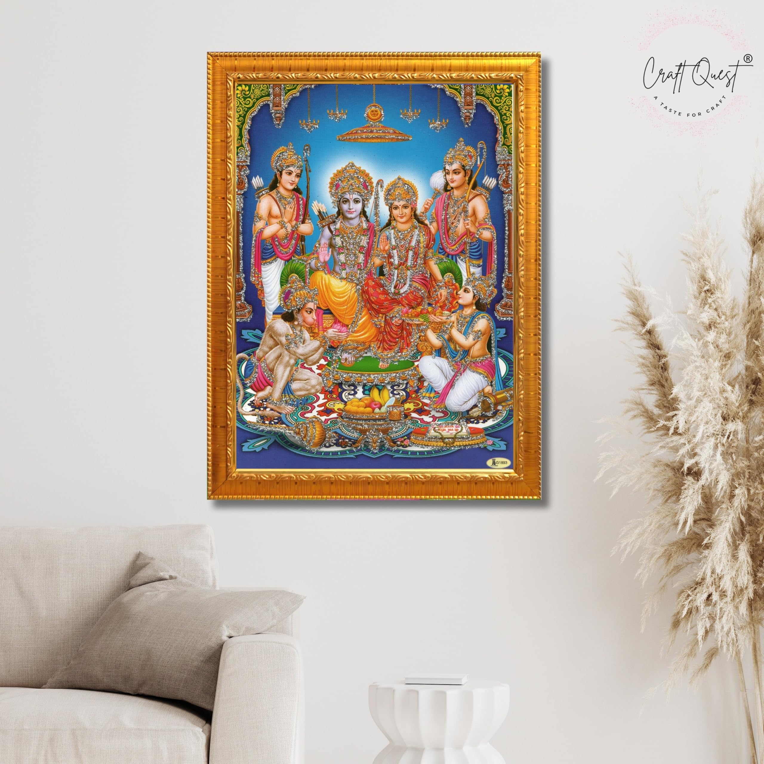 CRAFT QUEST Ram Darbar Lord Shri Ram Ji Sita Mata Parivar Family Wall Painting Framed Home and Pooja Decor