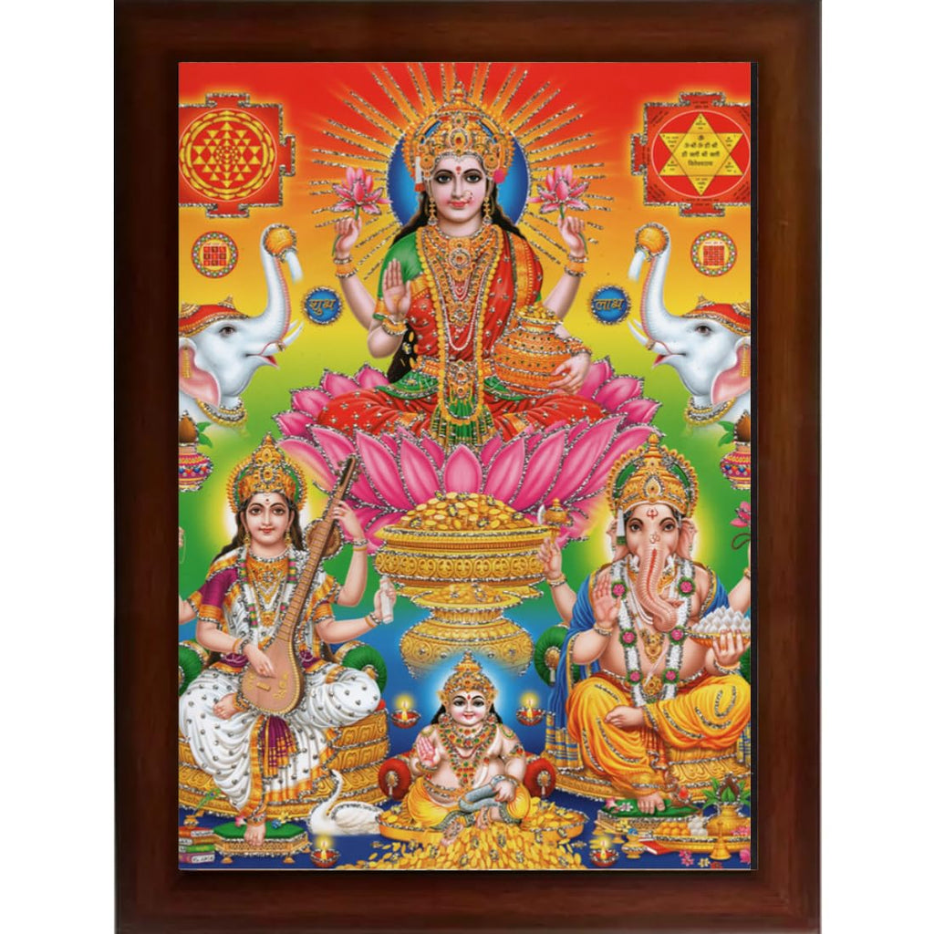 Craft Quest Goddess Lakshmi Devi with ganesh ji and saraswati maa Wall Painting Frame Home Decor (Synthetic, Matte Finish, Brown, Large Size, 14 X 10 Inch)