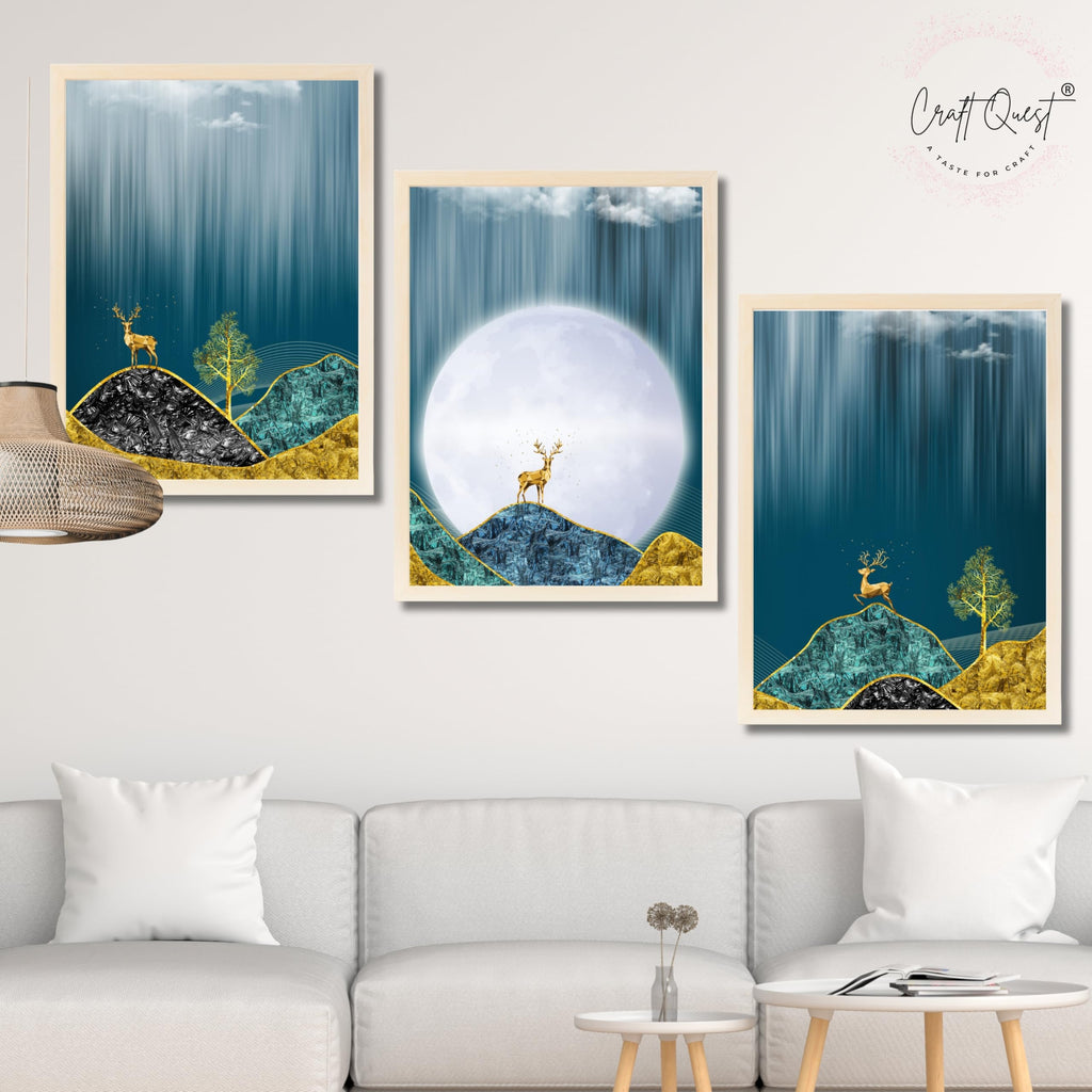 CRAFT QUEST Modern Art Landscape Of Moon & Golden Christmas Trees Wall Art | Set of 3 Frames for Home Decoration | Ideal for Living Room, Bedroom & Offices