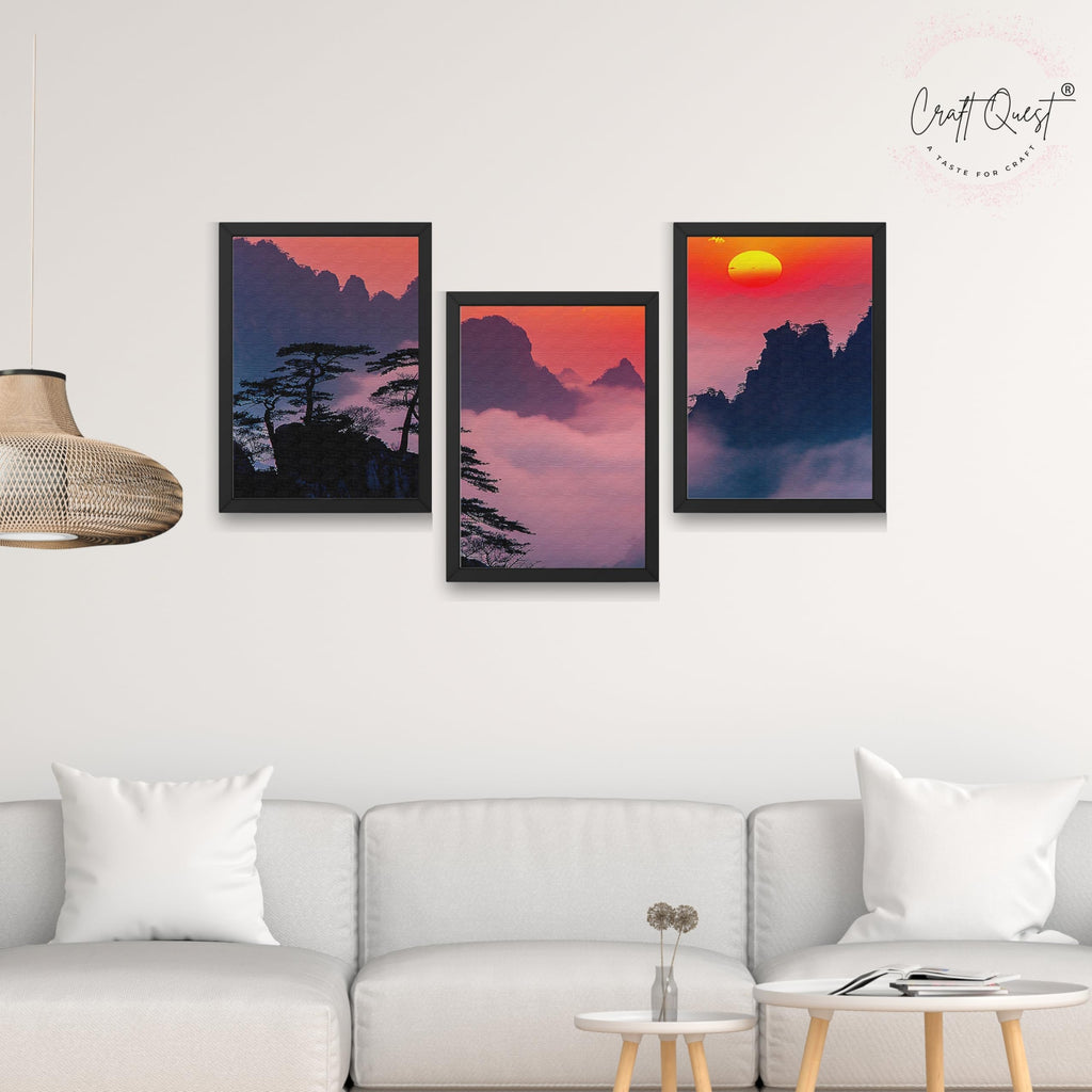 CRAFT QUEST Nature Inspired Mountains & Clouds Wall Art | Set of 3 Frames for Home Decoration | Ideal for Living Room, Bedroom & Offices