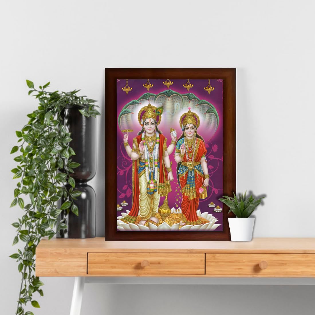 CRAFT QUEST Lord Vishnu and Goddess Lakshmi standing Giving Blessing, Glitter Work Painting with Brown Frame (14 X 10 Inches, Brown Wood)