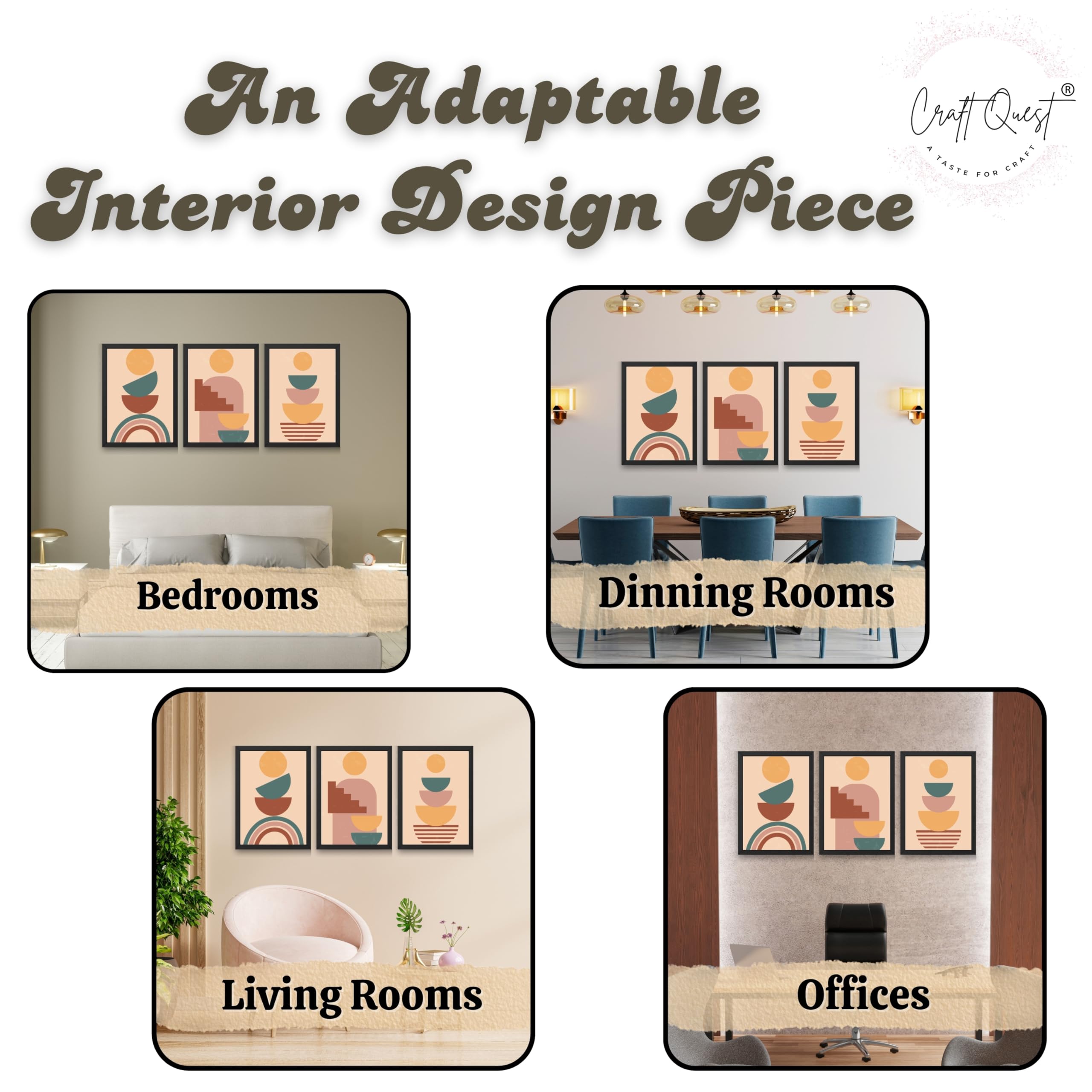 CRAFT QUEST Wall Art Decor Paintings | Set of 3 BOHO Wall Art Frames for Home Decoration | Ideal for Living Room, Offices & Bedrooms