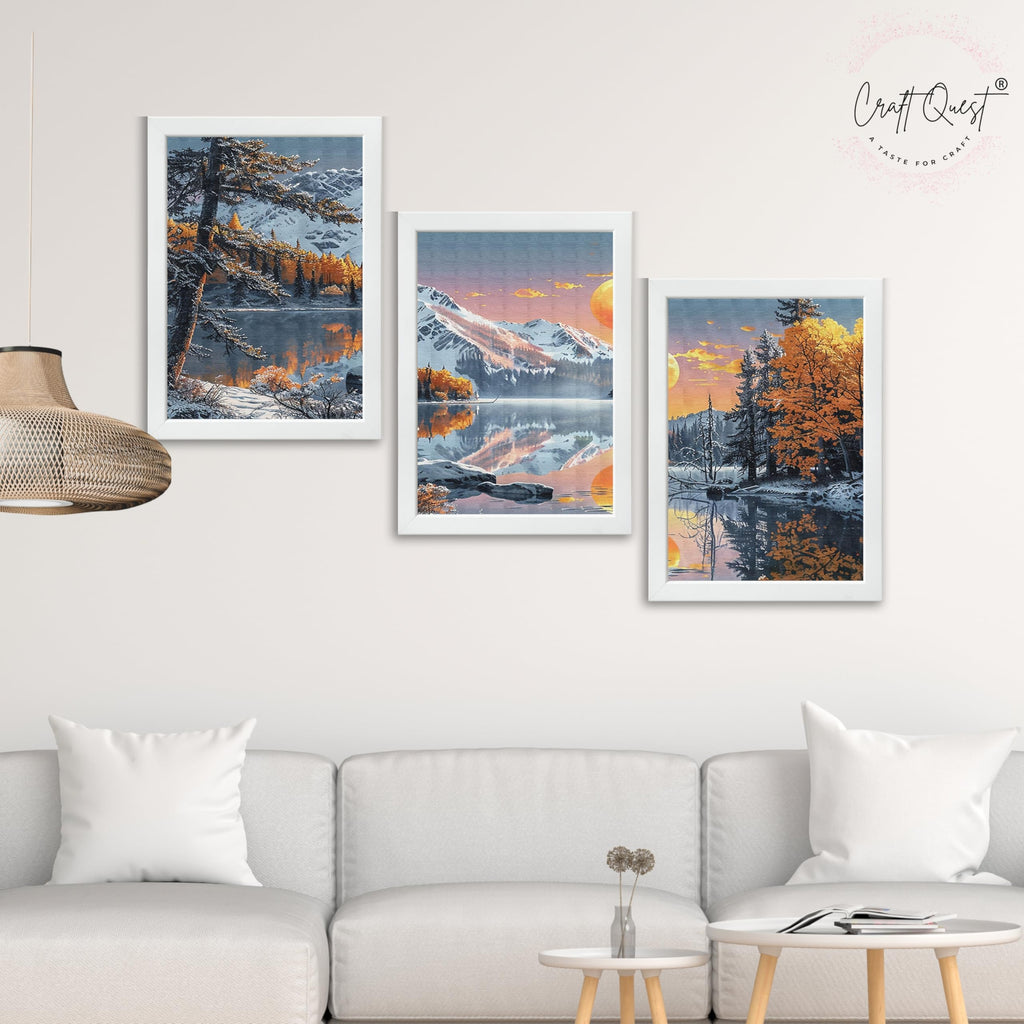 CRAFT QUEST Modern Art Paintings With Lake & Mountains Wall Art | Set of 3 Frames for Home Decoration | Ideal for Living Room, Bedroom & Offices