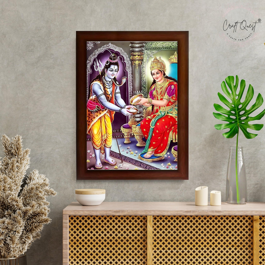 CRAFT QUEST Shiva & Maa Annapurna devi sitting on throne photo frame with Acrylic Glass for Home Kitchen, Restraunt, Business