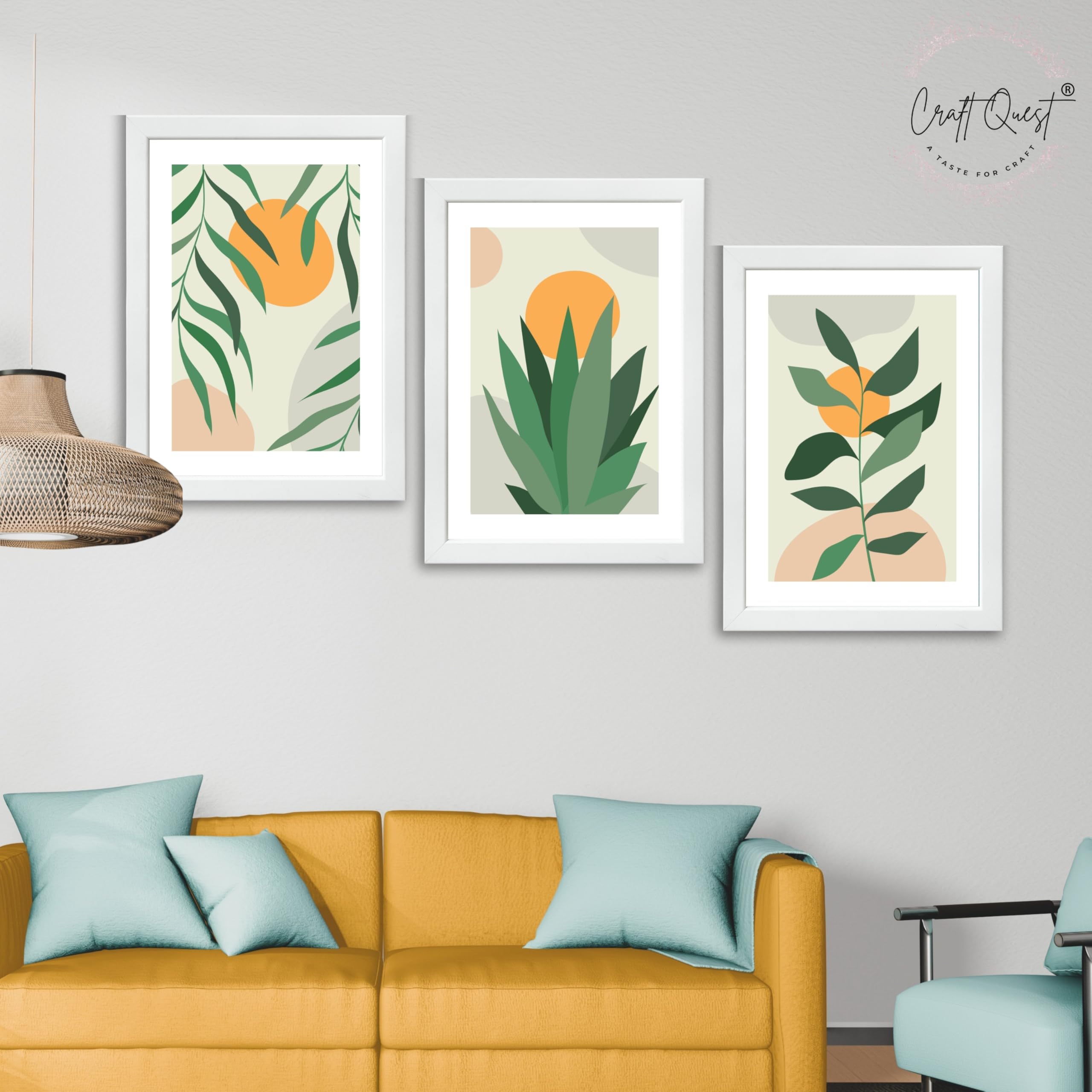 CRAFT QUEST Nature Inspired Botanical Abstract Wall Art | Set of 3 Frames for Home Decoration | Ideal for Living Room, Bedroom & Office