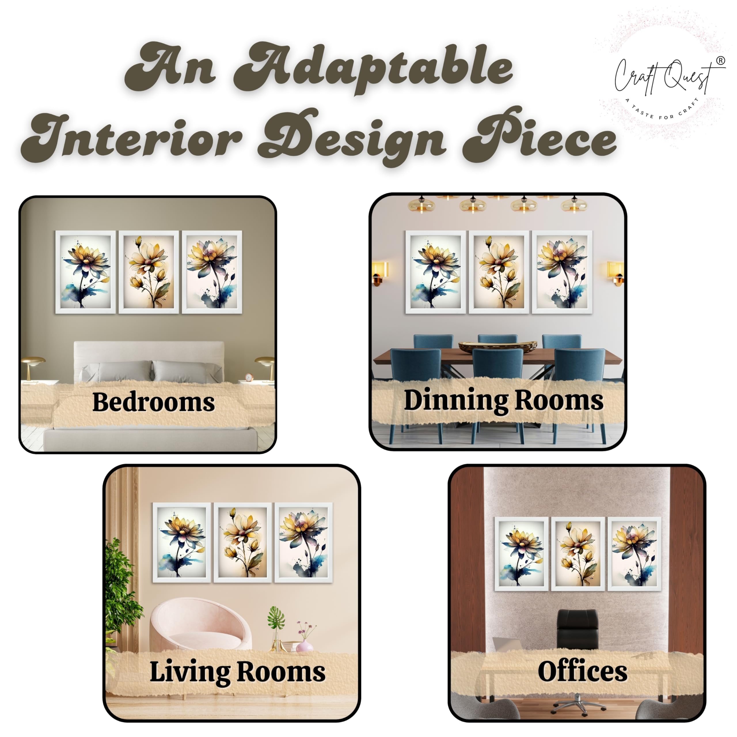 CRAFT QUEST Nature Inspired Triptych Flowers Abstract Wall Art | Set of 3 Frames for Home Decoration | Ideal for Living Room, Bedroom & Office
