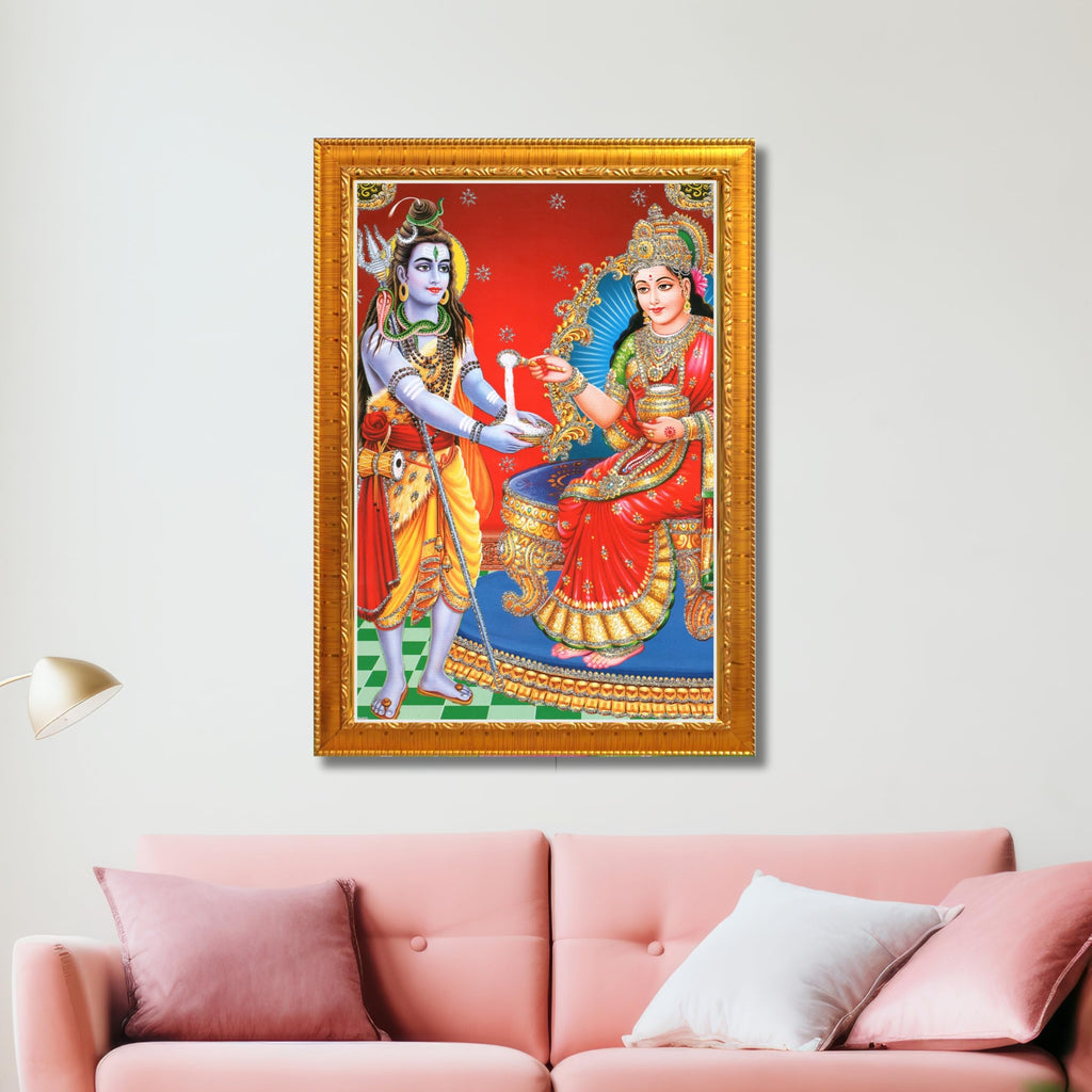 CRAFT QUEST Shiva & Maa Annapurna devi sitting on throne photo frame with Acrylic Glass for Kitchen, Restraunt