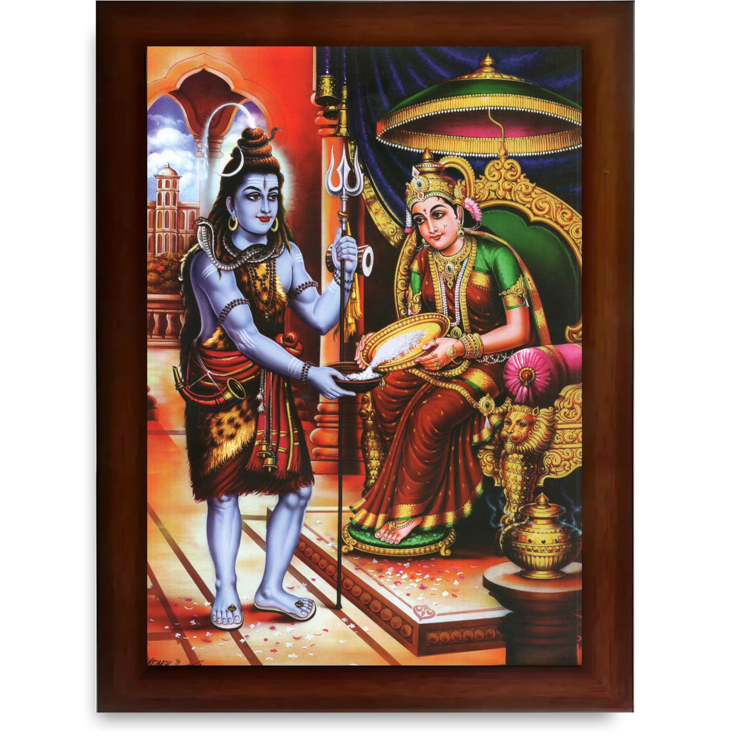 CRAFT QUEST Shiva & Maa Annapurna devi sitting on throne photo frame with Acrylic Glass for Kitchen, Food & Prosperity Blessing Hindu Wall Decor