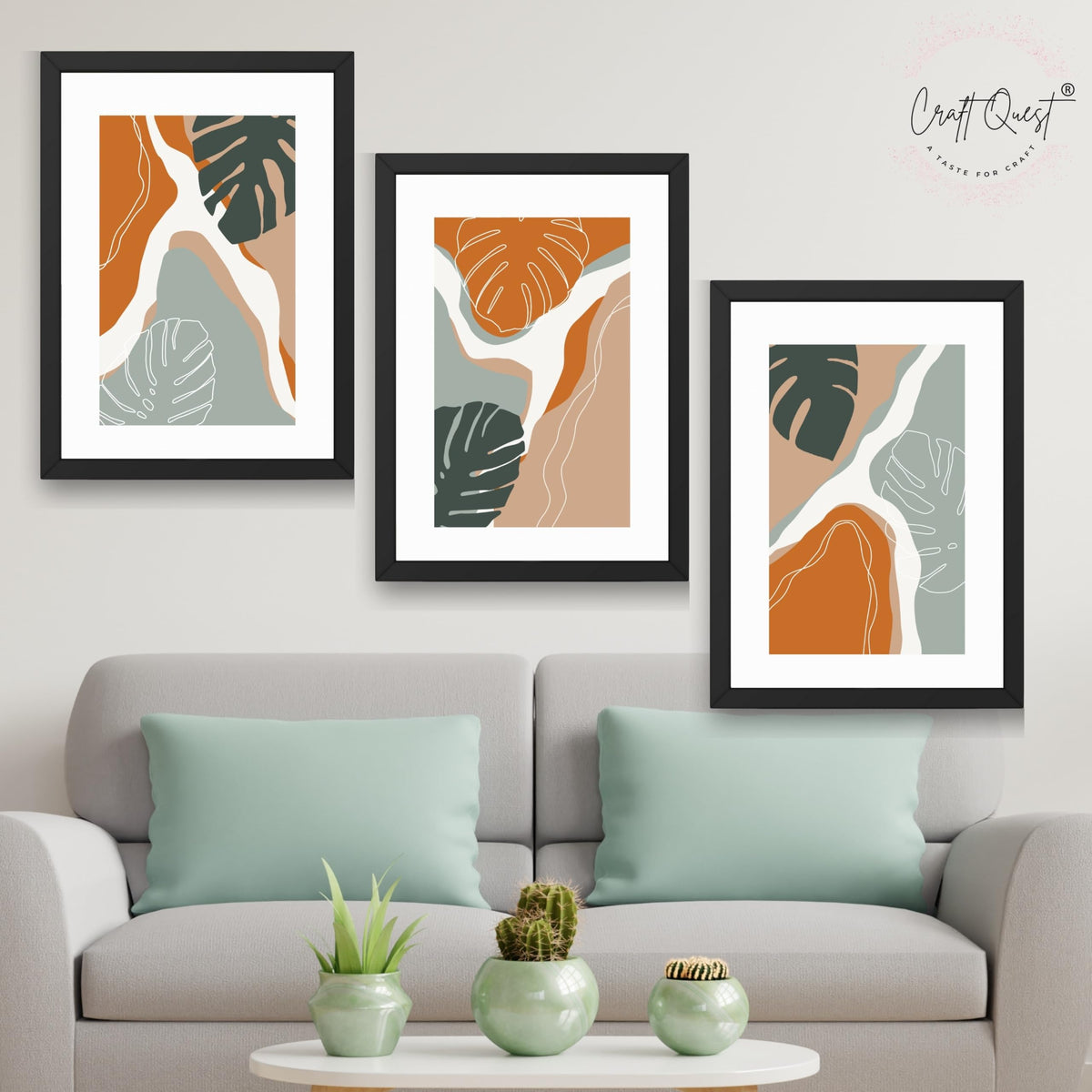 CRAFT QUEST SET OF 3 Organic Modern Leaf Wall Art | Set of 3 Frames for Home Decoration | Ideal for Living Room, Bedroom & Offices