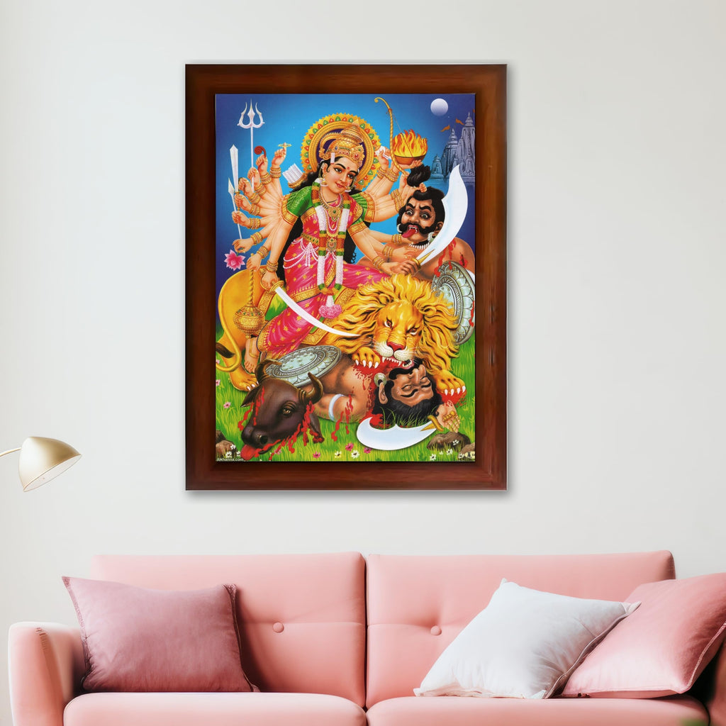 CRAFT QUEST Durga mata Mahishasura Mardini | Mahisasur Mardhini Durga Maa Wall Painting Framed, Religious Photo Frame With Acrylic Glass