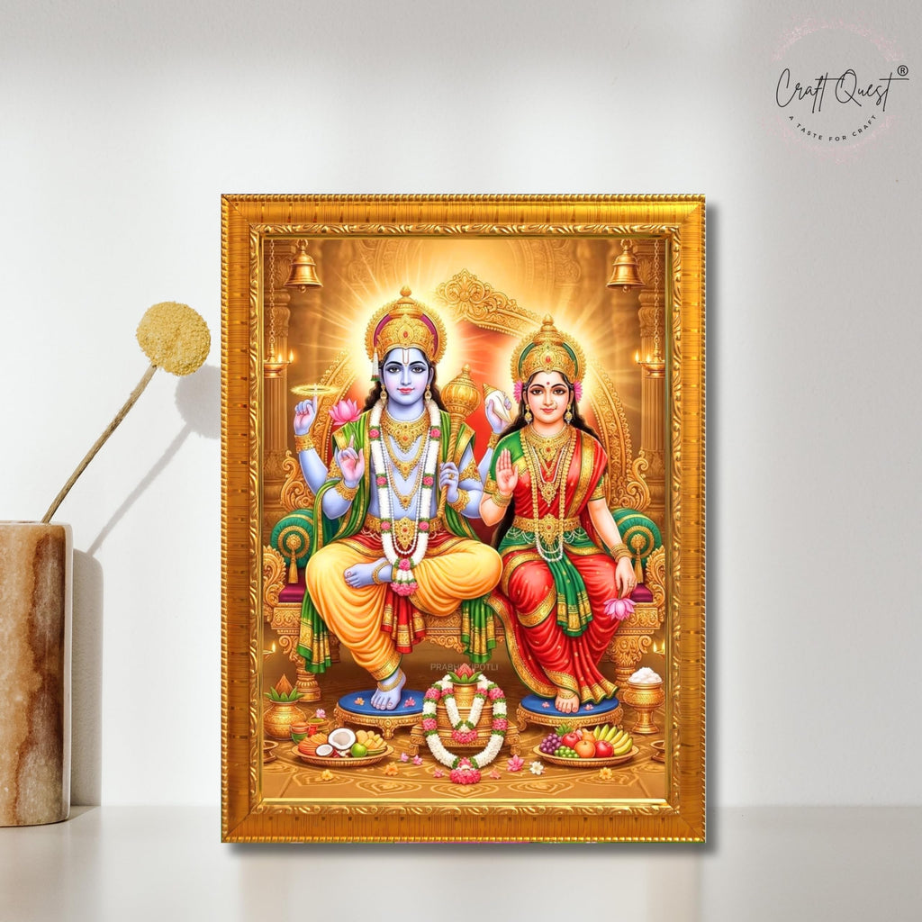 CRAFT QUEST Laxmi Vishnu Dev Lakshmi Devi Laxmi Narayan Ji Wall Painting Framed Home Decor, Religious Photo Frame