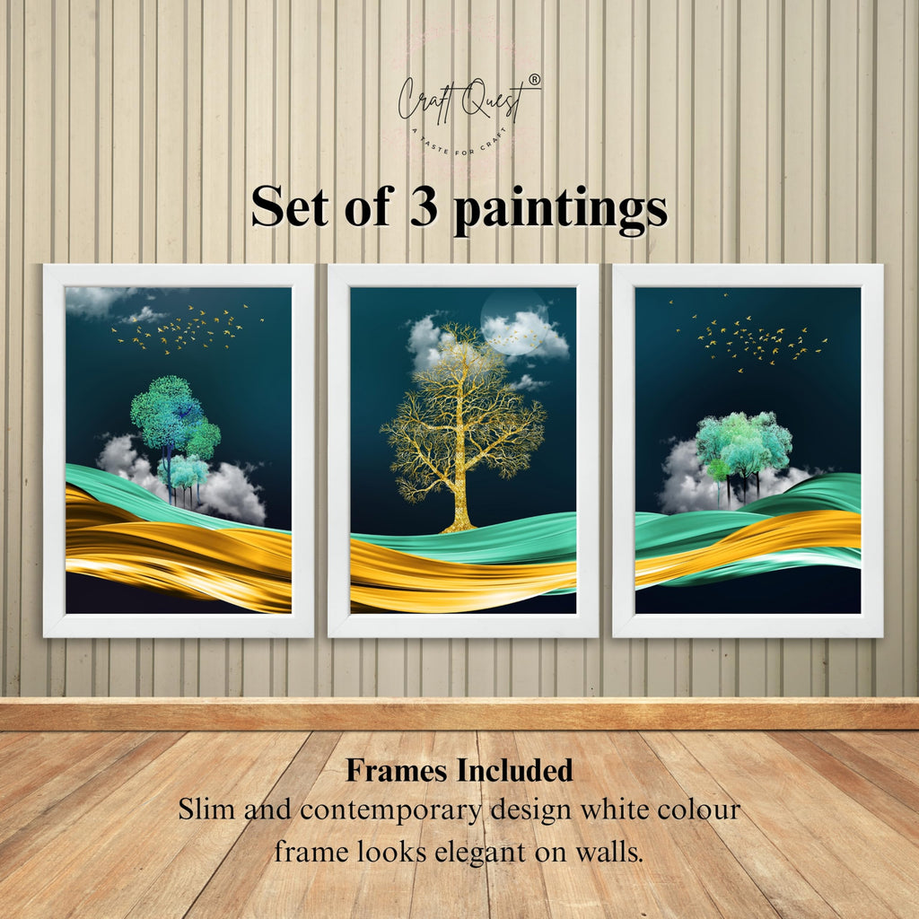 CRAFT QUEST Modern Art Mural With Golden Tree & Birds Wall Art | Set of 3 Frames for Home Decoration | Ideal for Living Room, Bedroom & Offices