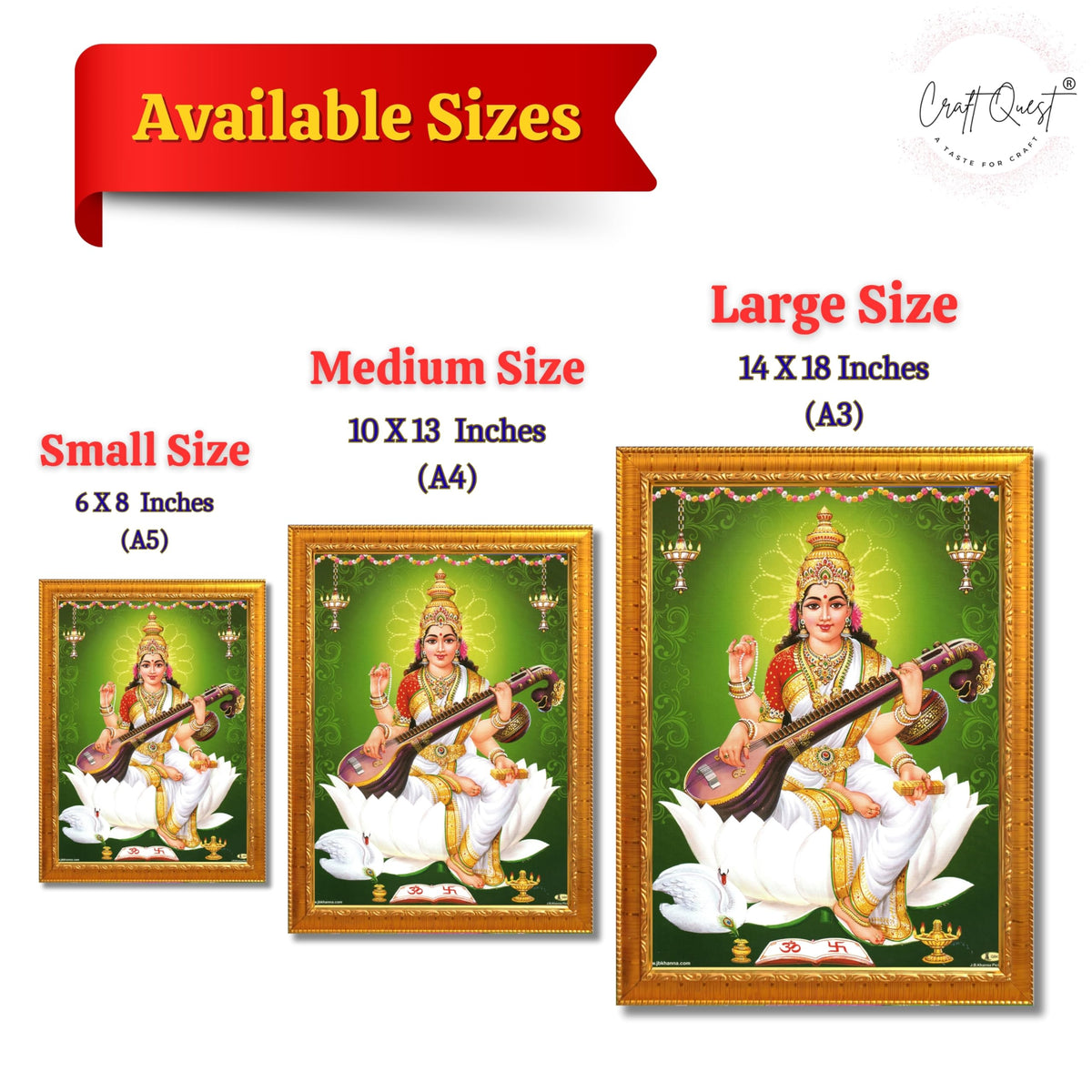 CRAFT QUEST Saraswati Devi Goddess Saraswathi Maa Wall Painting Sparkle Coated Framed Home Décor