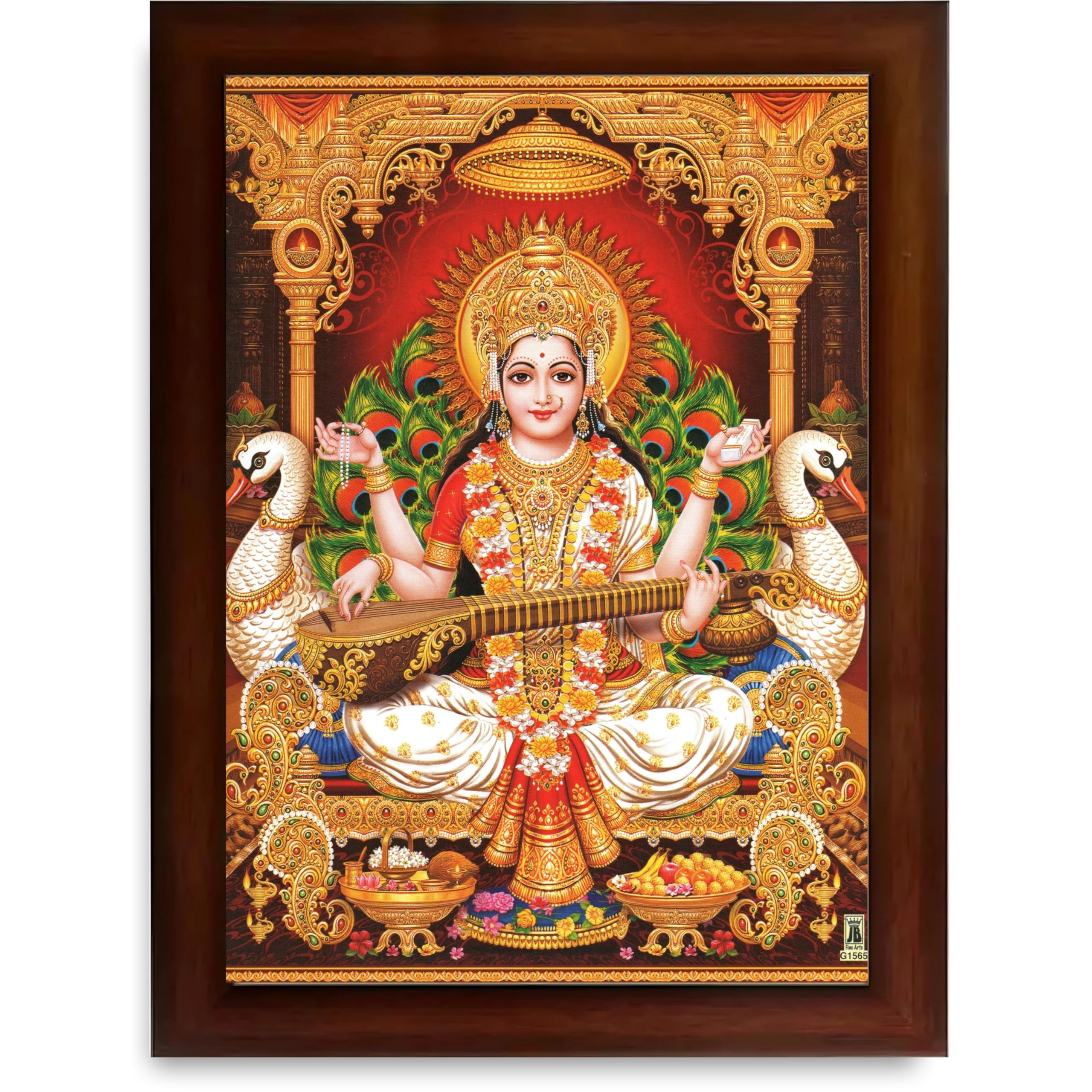 CRAFT QUEST Saraswati Devi Goddess Saraswathi Maa Wall Painting Framed For Home Décor Synthetic wooden Framed
