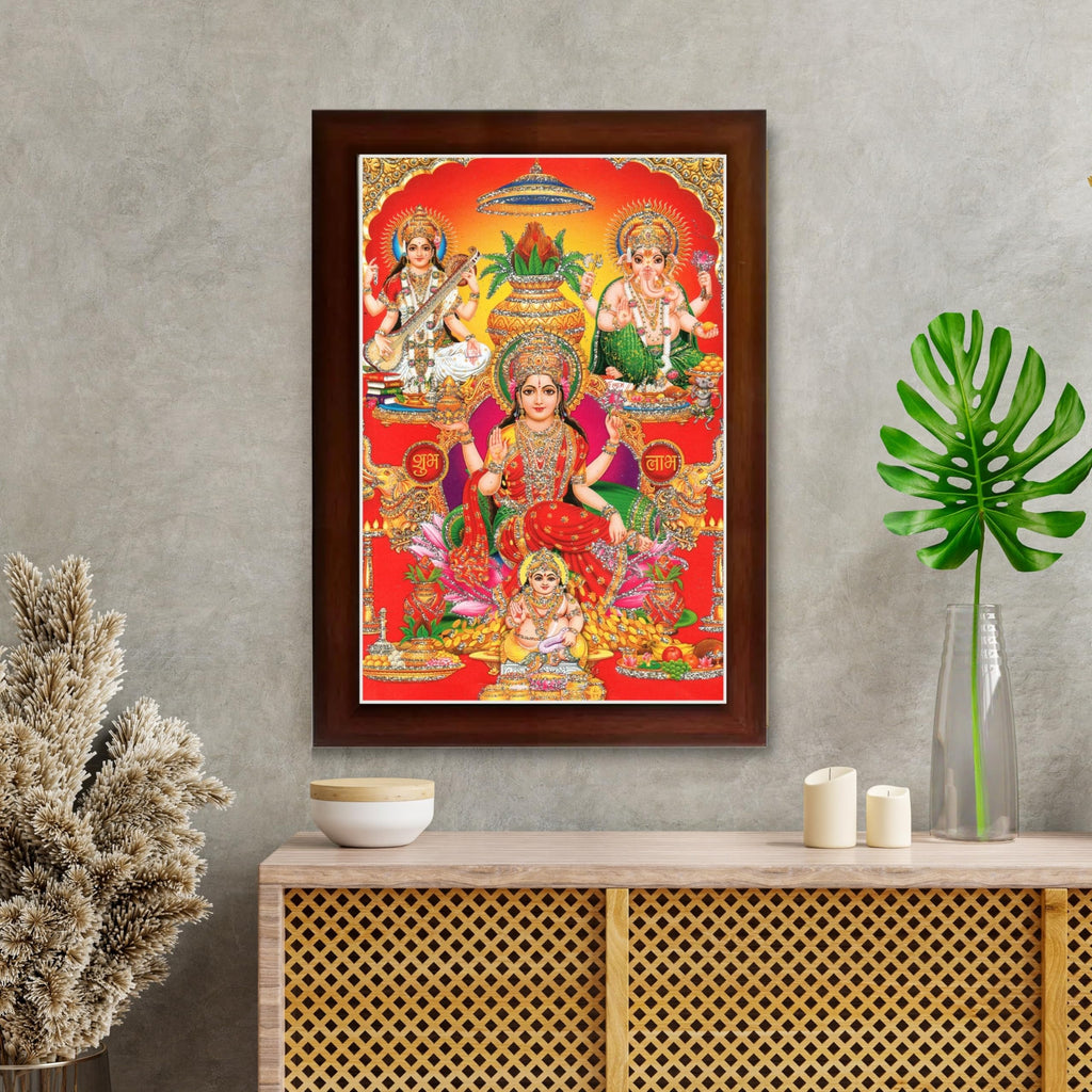 CRAFT QUEST Lord Laxmi Ganesh Saraswati Ji Religious Hindu Photo Frame for Wall, Table, Office, Temple, Pooja, Living Room and Home Decor Item