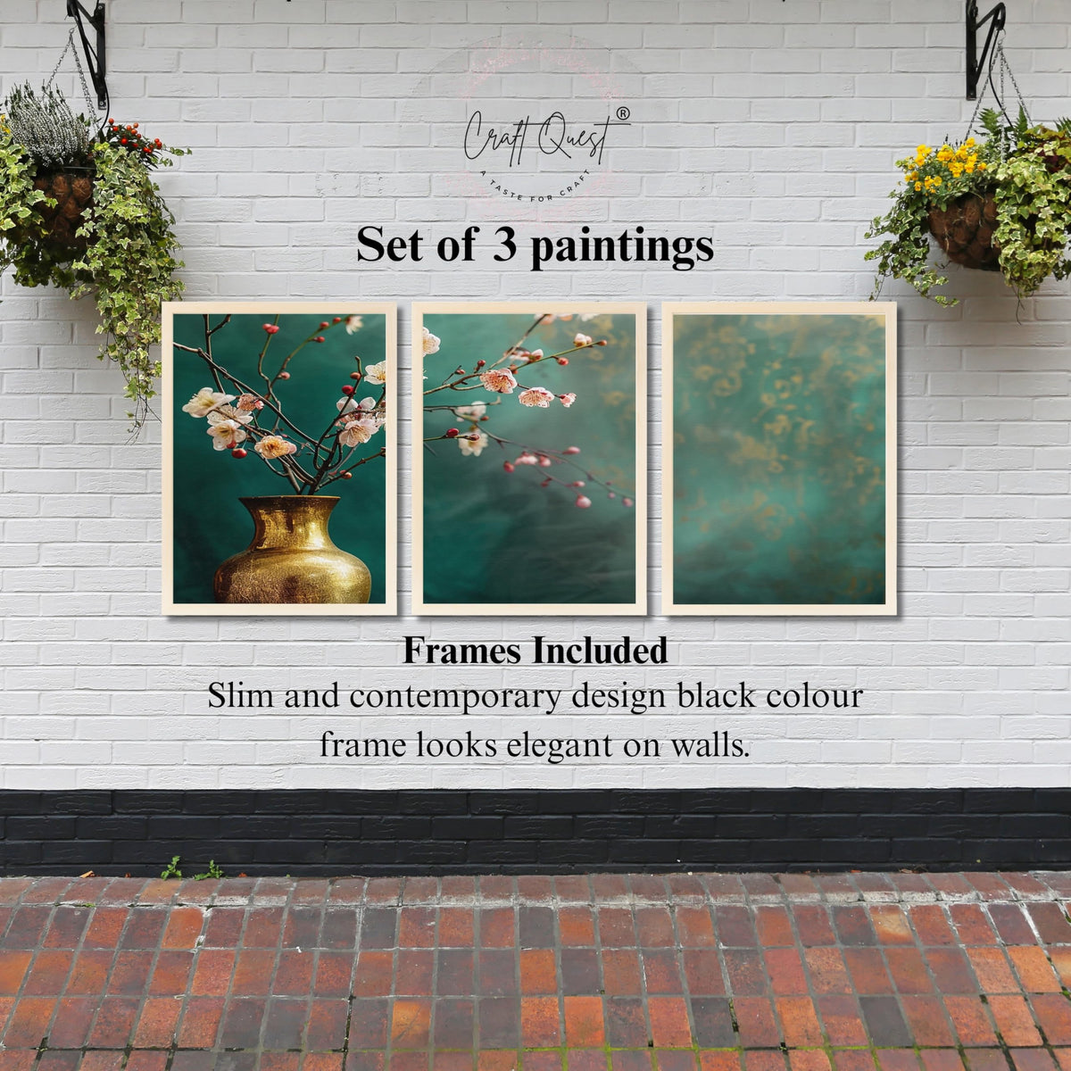 CRAFT QUEST Nature Inspired Flowers In Vase Modern Wall Art | Set of 3 Frames for Home Decoration | Ideal for Living Room, Bedroom & Offices