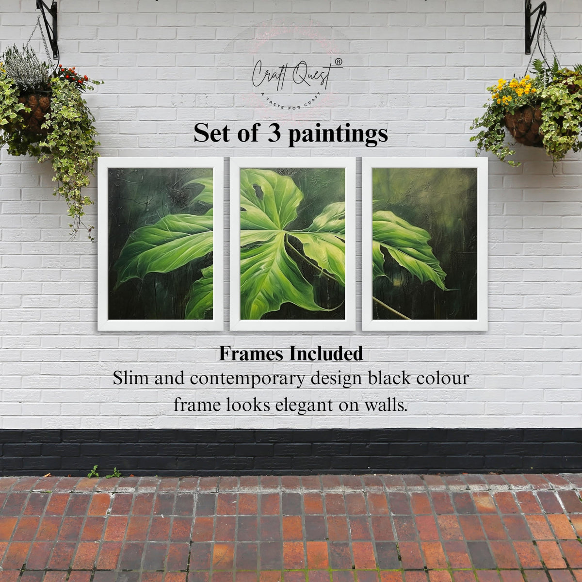 CRAFT QUEST Nature Inspired Painting Of Plant With Green Leaves Wall Art | Set of 3 Frames for Home Decoration | Ideal for Living Room, Bedroom & Offices