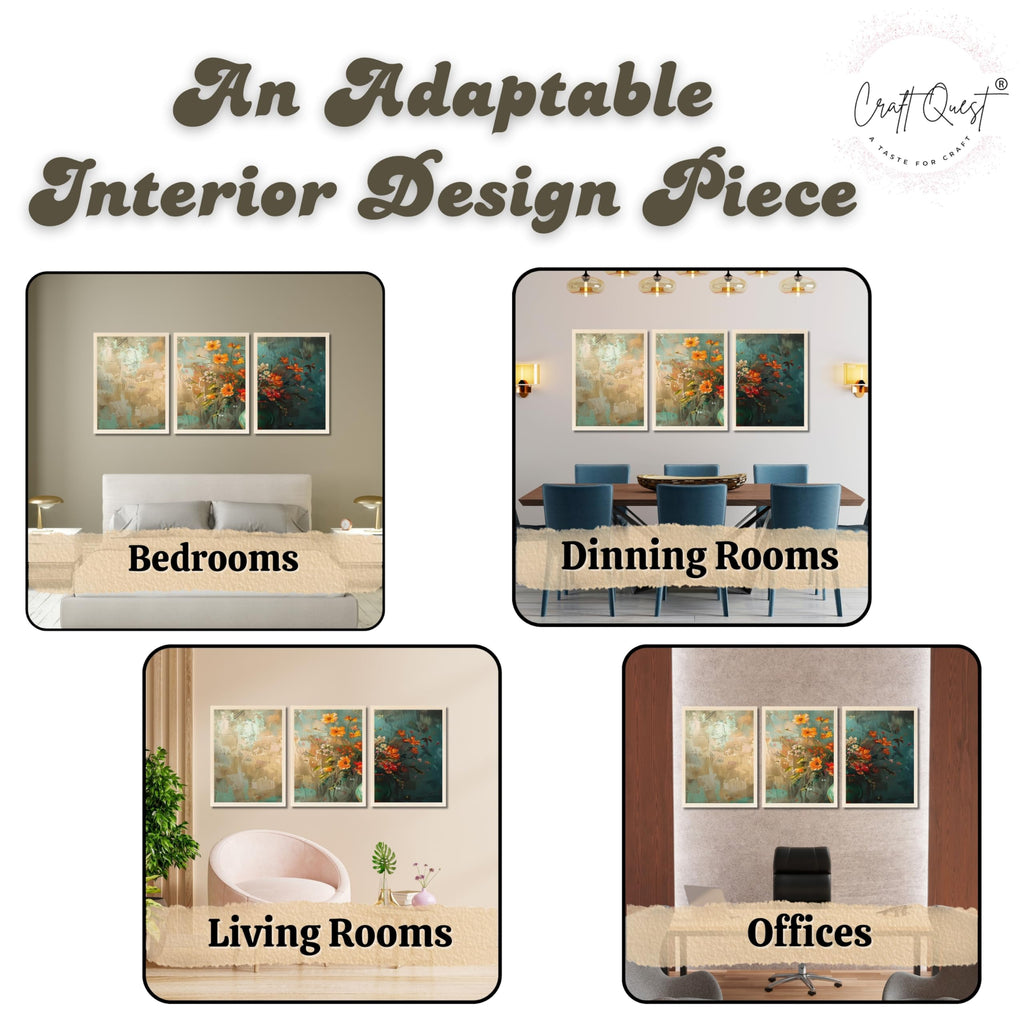 CRAFT QUEST Nature Inspired Paintings Of Flowers Wall Art | Set of 3 Frames for Home Decoration | Ideal for Living Room, Bedroom & Office