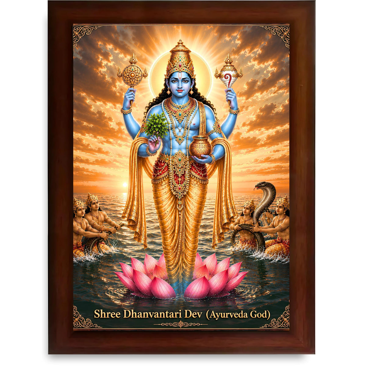 CRAFT QUEST Lord Dhanvantari/Dhanwantari Photo Frame | Hindu God of Ayurveda & Healing | Wooden Framed Wall Art for Home Temple, Office & Clinic Decor | Vastu & Spiritual Gift Item