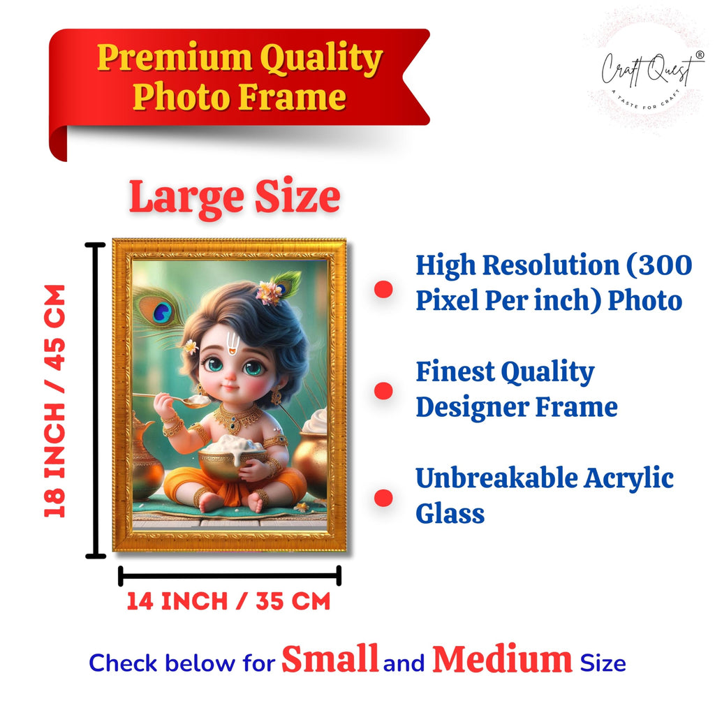 CRAFT QUEST Cute Baby Krishna HD Print | Little Krishna Frame for Home Temple, Office Desk, Car Dashboard