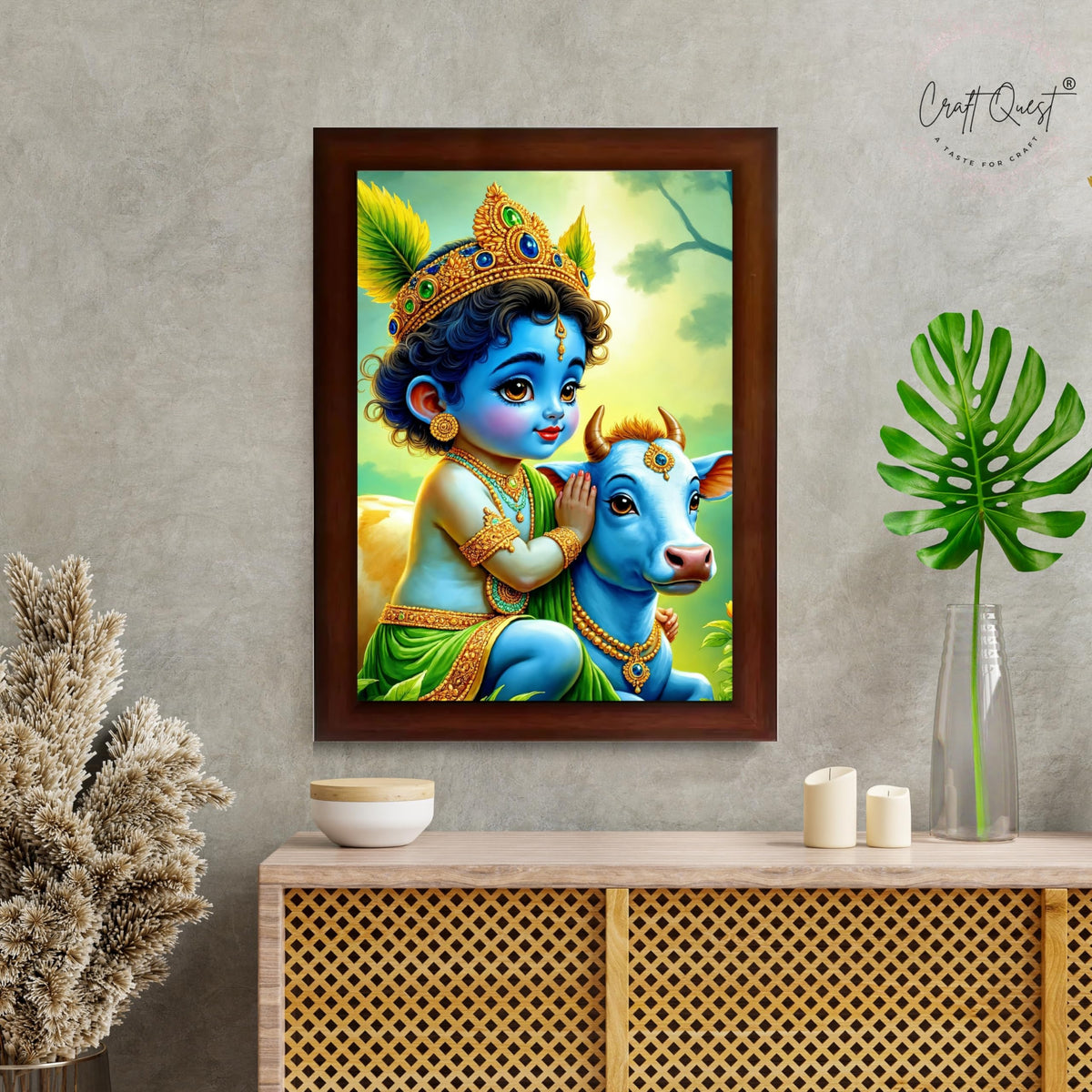 CRAFT QUEST Baby Krishna Photo Frame | Shri Bal Gopal Painting for Pregnant Women | Kanha Ji Poster | Laddu Lord Makhan Chor | Walls Home Bedroom Living Room Decoration Gift.