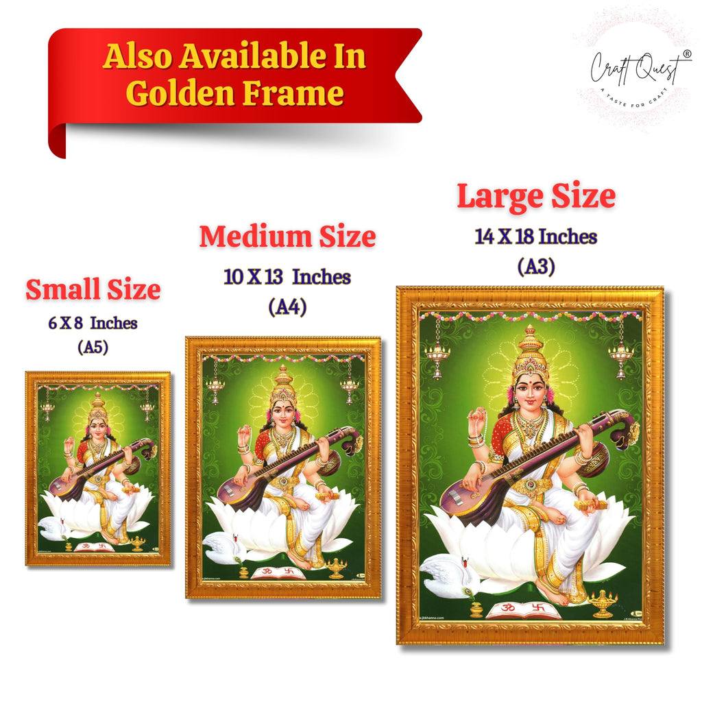CRAFT QUEST Saraswati Devi Goddess Saraswathi Maa Wall Painting Sparkle Coated Framed Home Décor