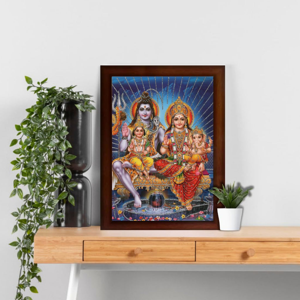 Craft Quest Shiv Parivar (Shiv Shankar, Maa Parvati, Ganesh and Kartikey) Religious Wood Photo Frame Sparkle Coated (Multicolour, 14 X 10 inch,)