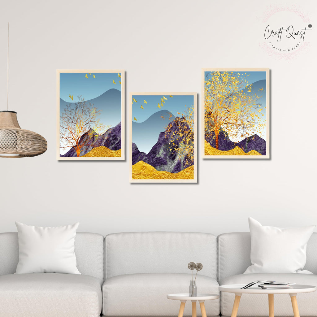 CRAFT QUEST Modern Art Abstract Porch Golden Trees Wall Art | Set of 3 Frames for Home Decoration | Ideal for Living Room, Bedroom & Offices