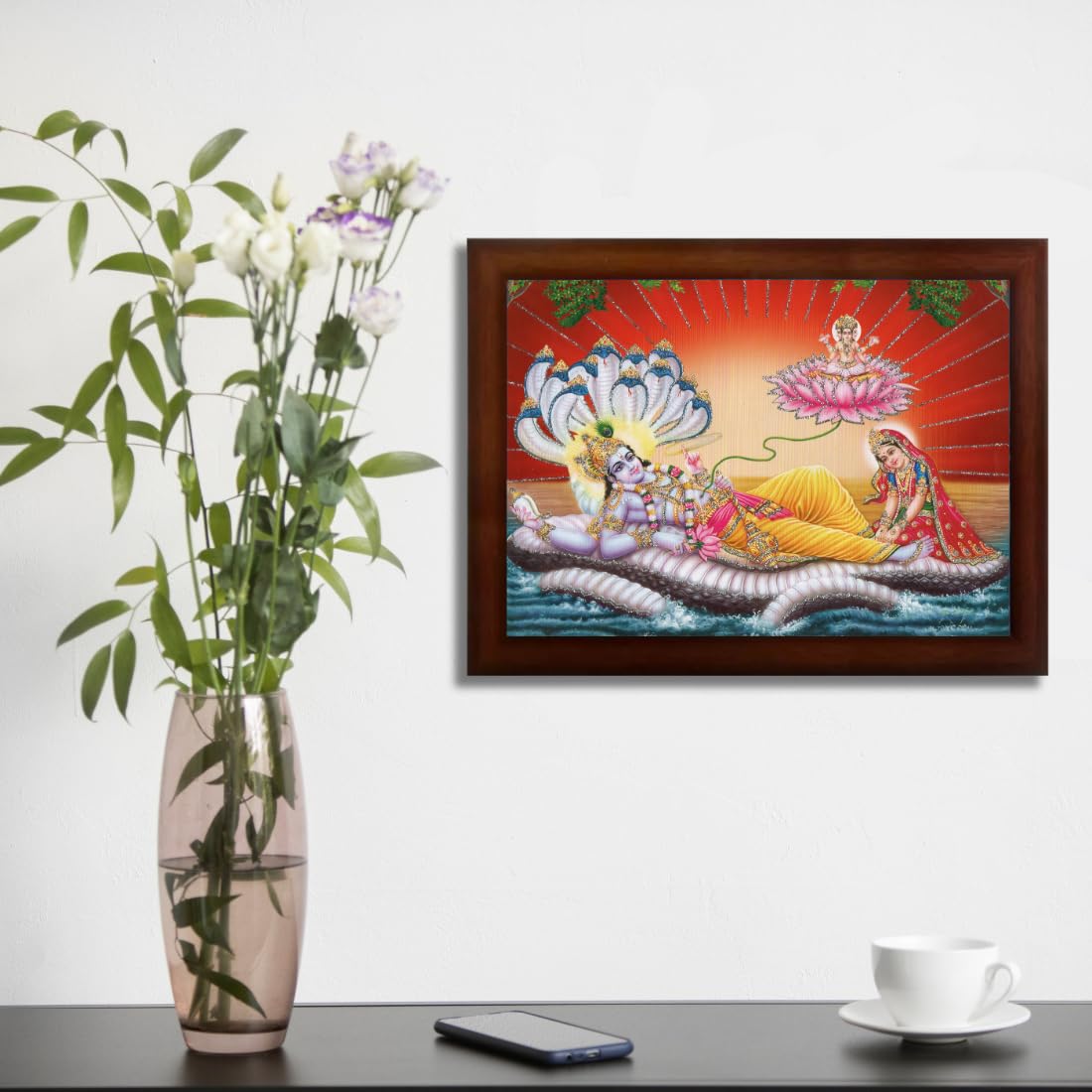 Craft Quest Lord Vishnu and Goddess Lakshmi Giving Blessing on Shesh naag, landscape, Glitter Work Painting with Plane Brown Frame (10 X 14 Inches, Brown Synthetic)