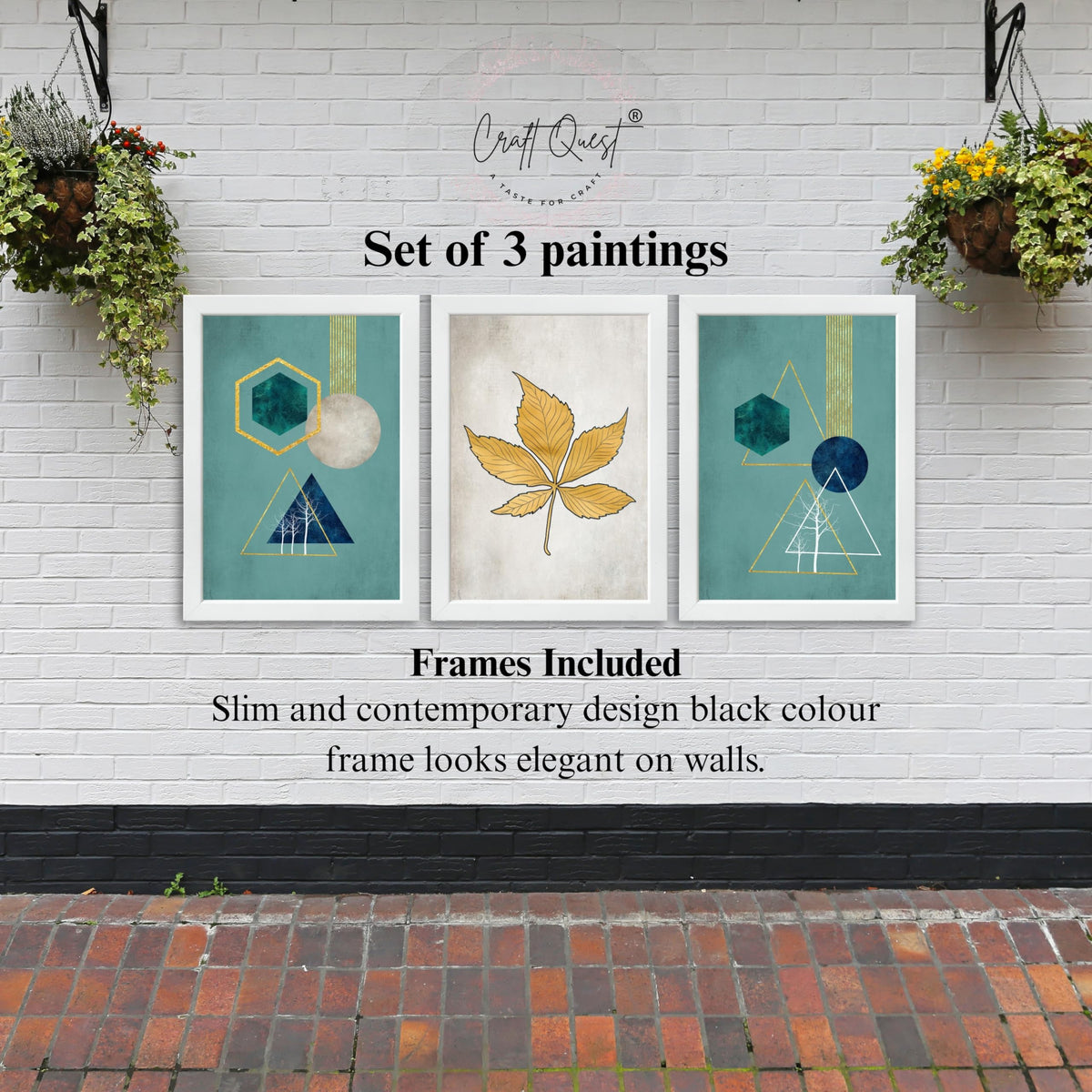 CRAFT QUEST Modern Art Shapes & Leaf Abstract | Set of 3 Frames for Home Decoration | Ideal for Living Room, Bedroom & Offices