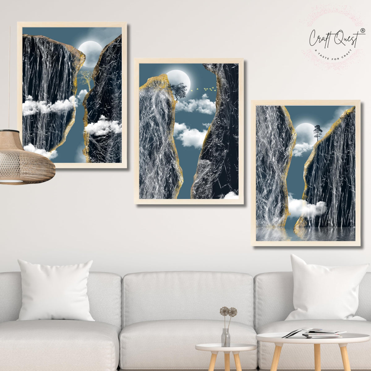 CRAFT QUEST Modern Art Abstract Landscape Decorative Wall Art | Set of 3 Frames for Home Decoration | Ideal for Living Room, Bedroom & Offices