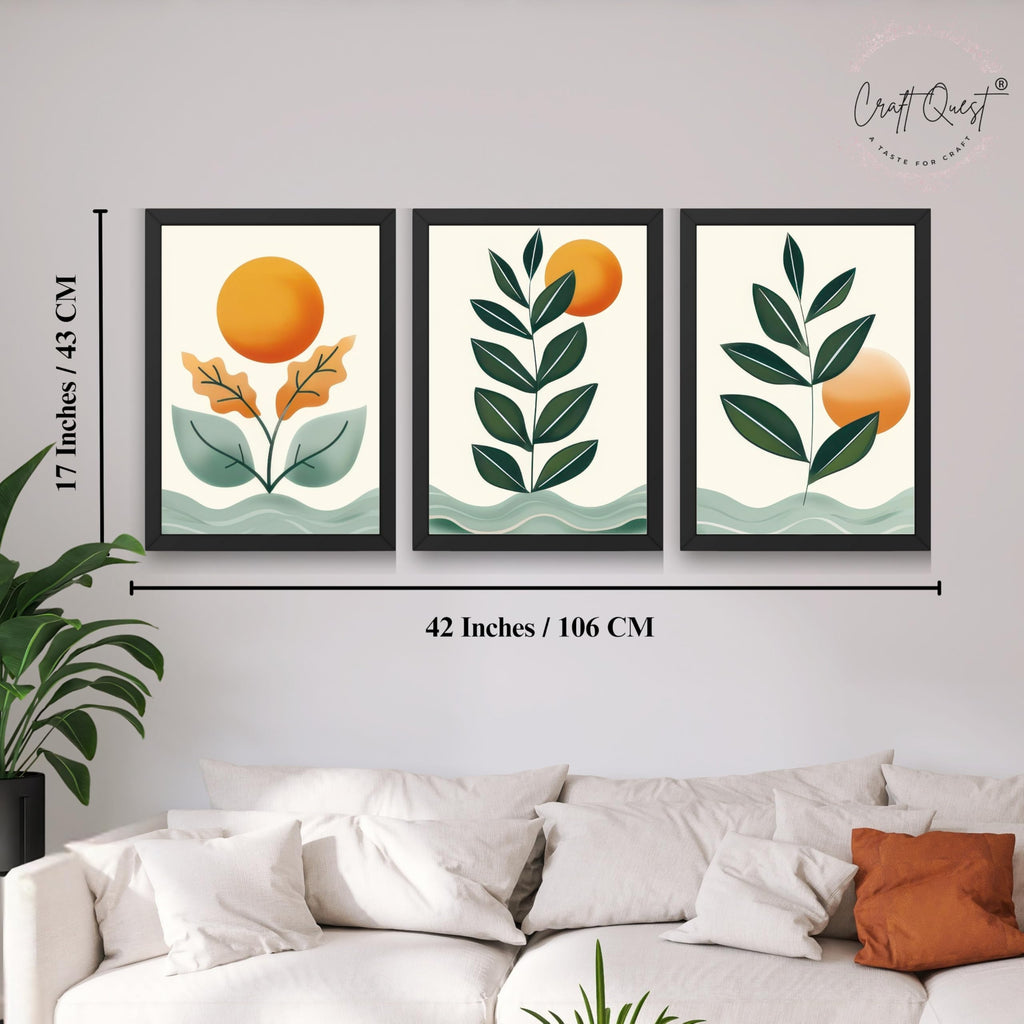 CRAFT QUEST Nature Inspired Sun & Moon Modern Boho Wall Art | Set of 3 Frames for Home Decoration | Ideal for Living Room, Bedroom & Offices