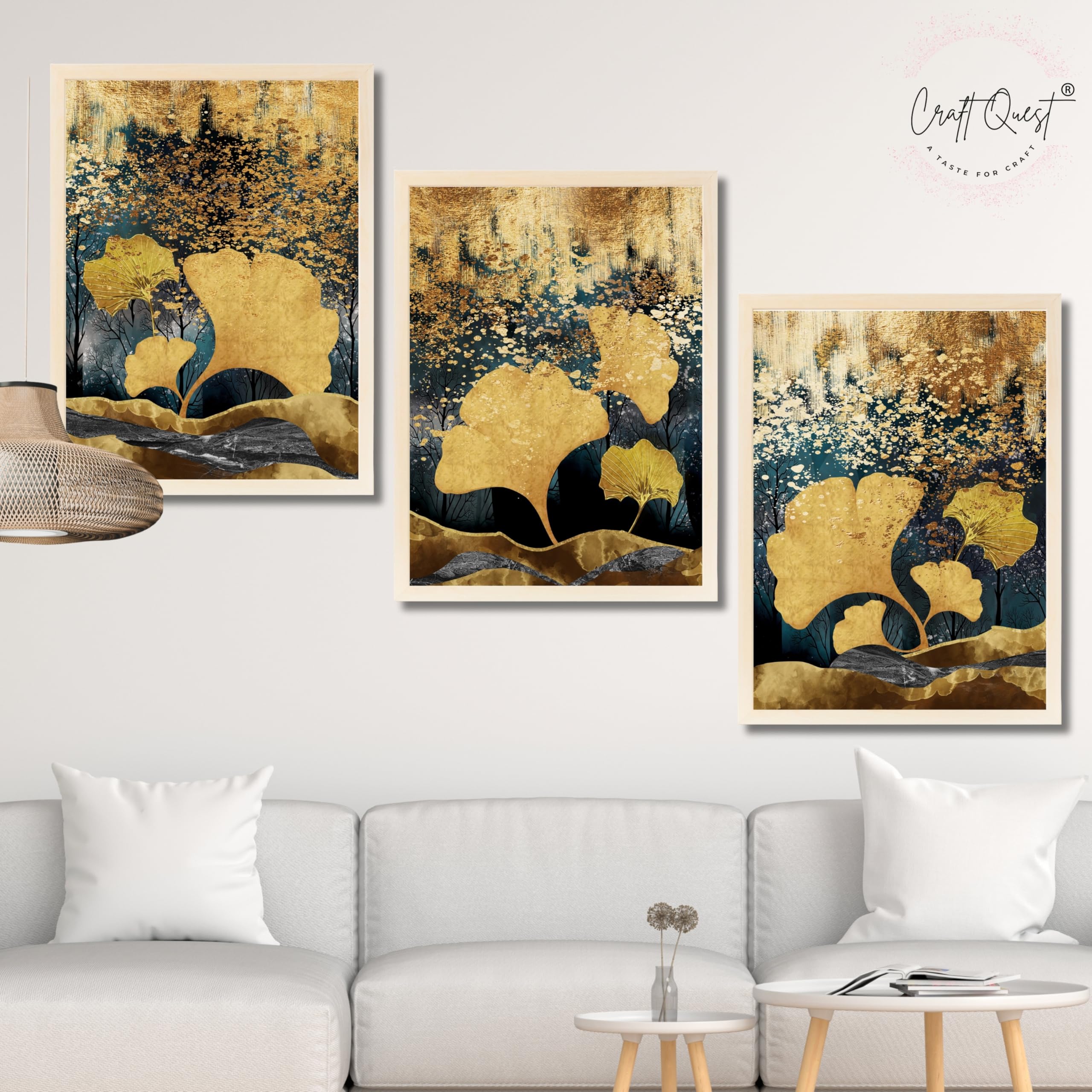 CRAFT QUEST Modern Art Of Ginko Leaves With Golden Mountains Wall Art | Set of 3 Frames for Home Decoration | Ideal for Living Room, Bedroom & Offices
