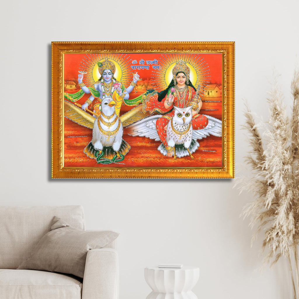 CRAFT QUEST Lord Vishnu and Goddess Lakshmi Giving Blessing on Garud Jii, Glitter Work Painting wooden frame