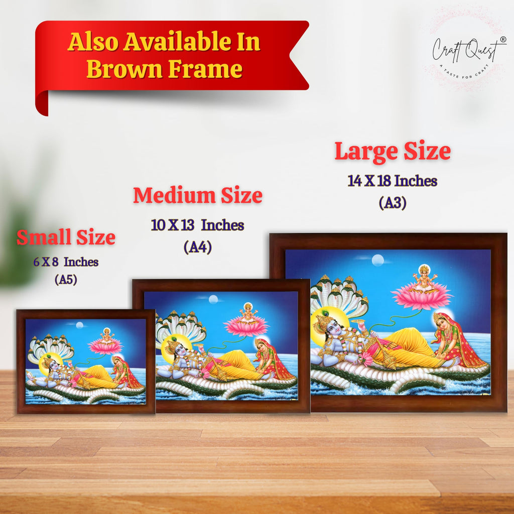 CRAFT QUEST Lord Vishnu and Goddess Lakshmi Giving Blessing on Shesh naag, landscape Glitter Painting with Golden Synthetic Frame