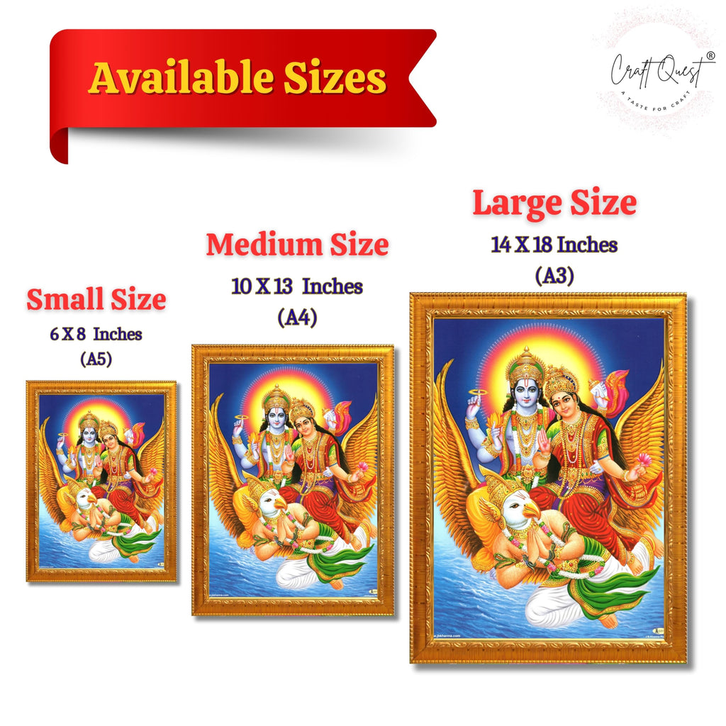 CRAFT QUEST Lord Vishnu and Goddess Lakshmi Giving Blessing on Garud Jii, Glitter Work Painting wooden framed