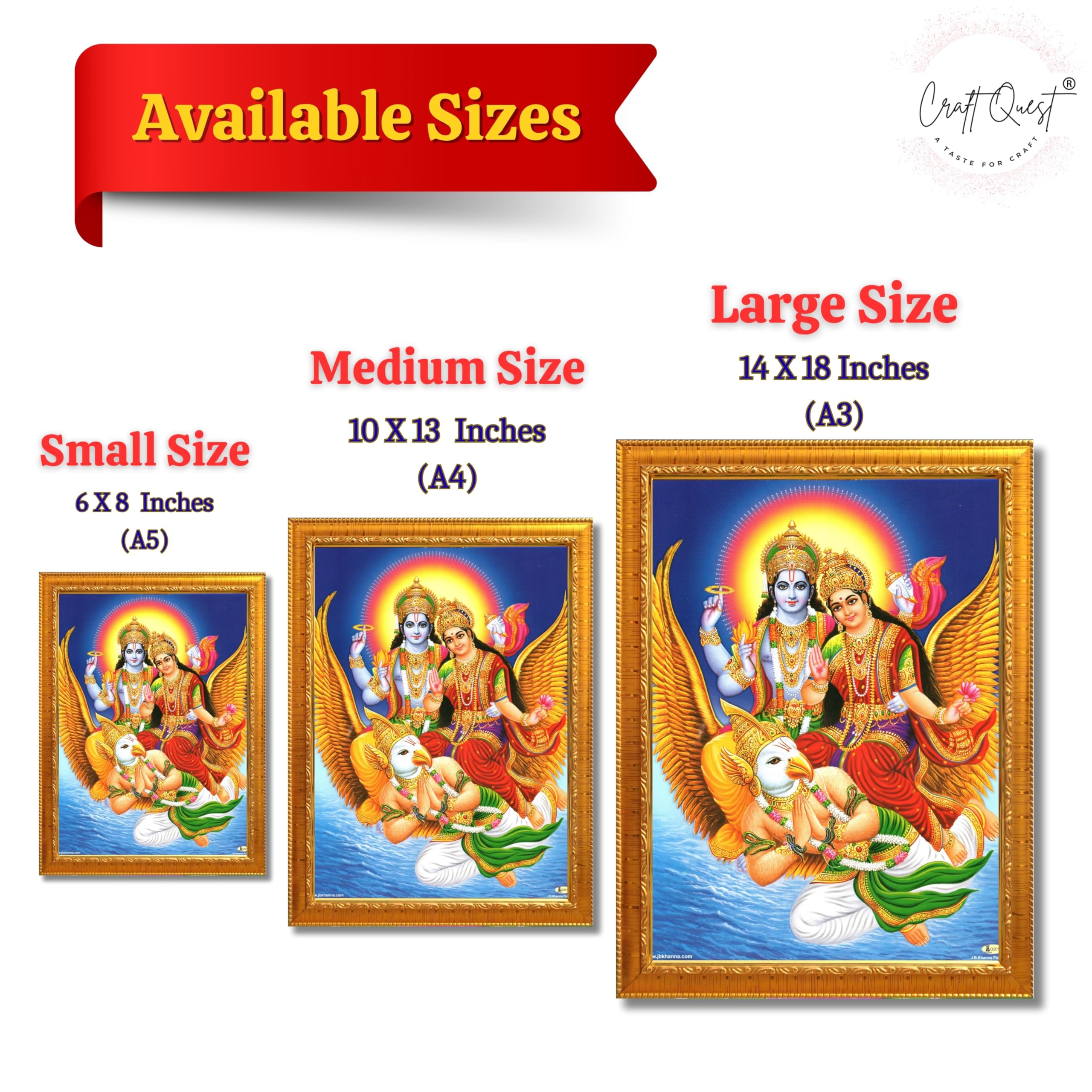 CRAFT QUEST Lord Vishnu and Goddess Lakshmi Giving Blessing on Garud Jii, Glitter Work Painting wooden framed
